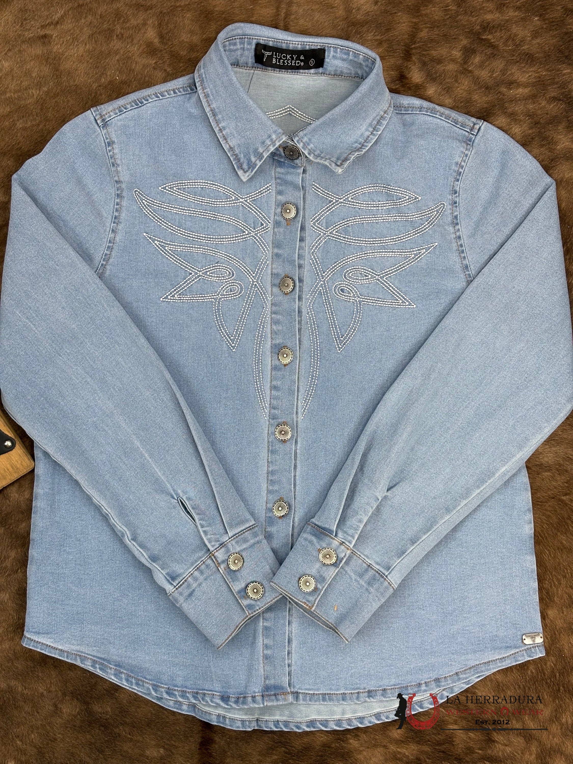 Lucky and Blessed Long Sleeve Jean Shirt With White Stiching ROPA MUJERES