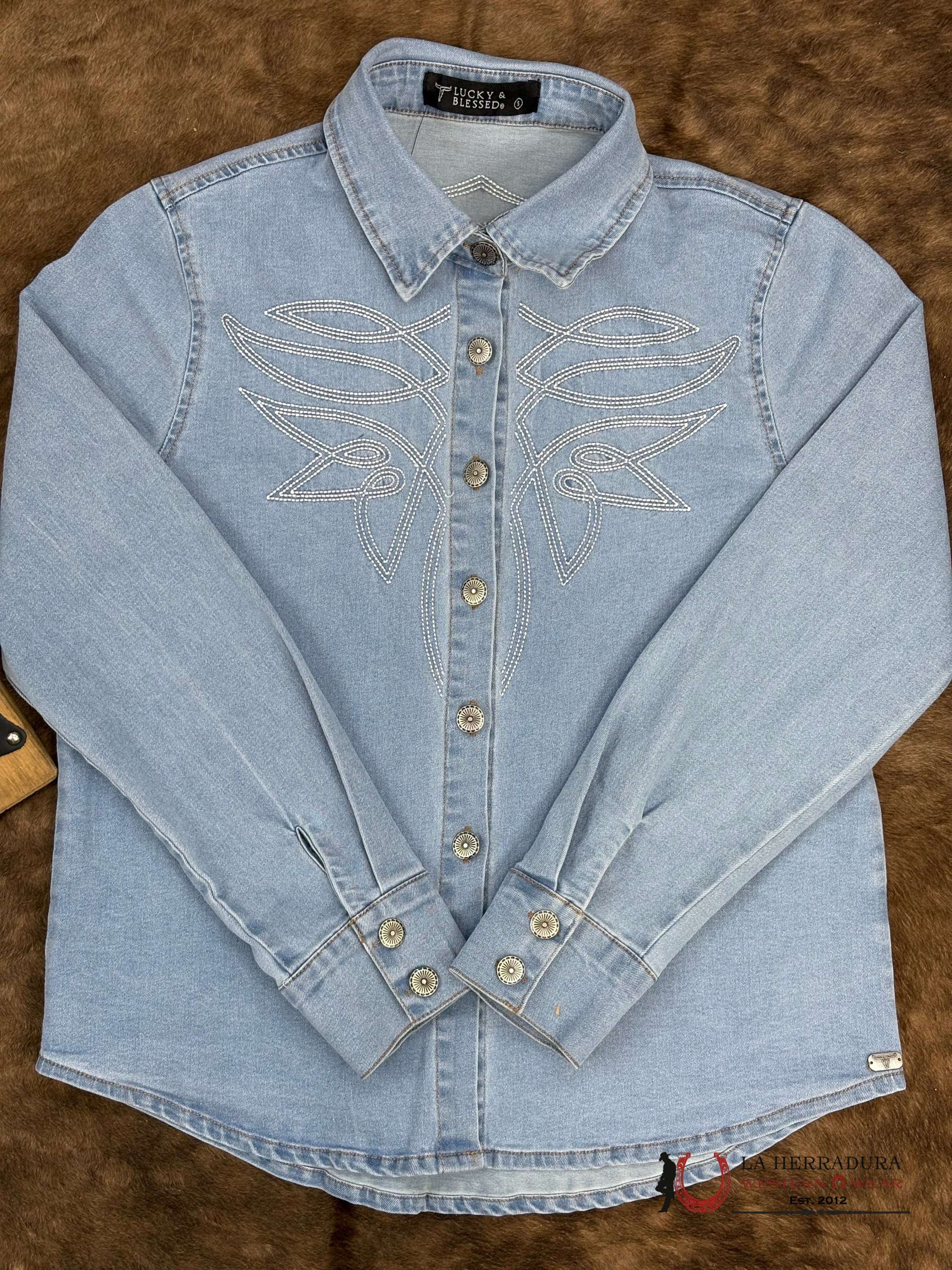 Lucky and Blessed Long Sleeve Jean Shirt With White Stiching ROPA MUJERES