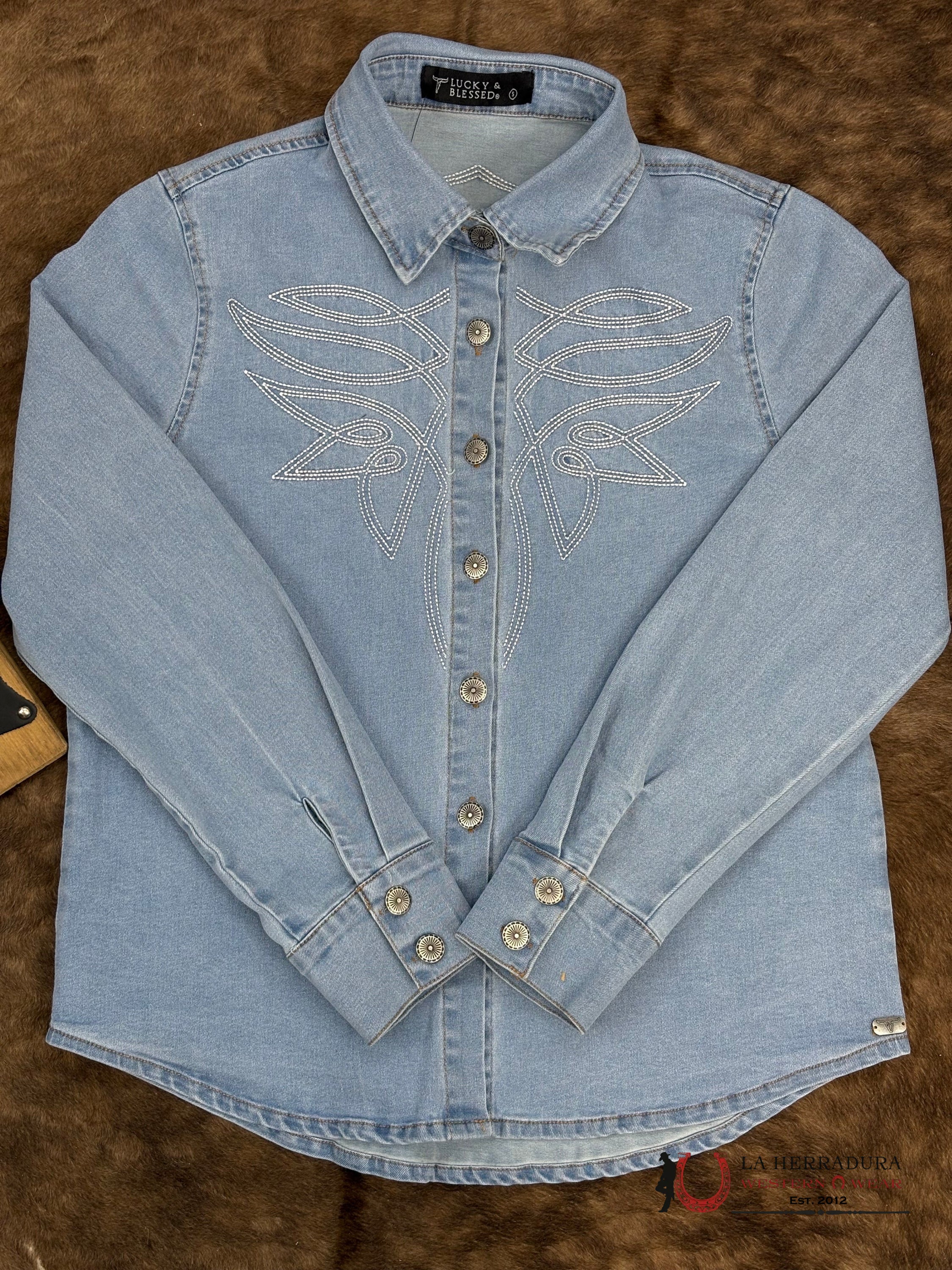 Lucky and Blessed Long Sleeve Jean Shirt With White Stiching ROPA MUJERES