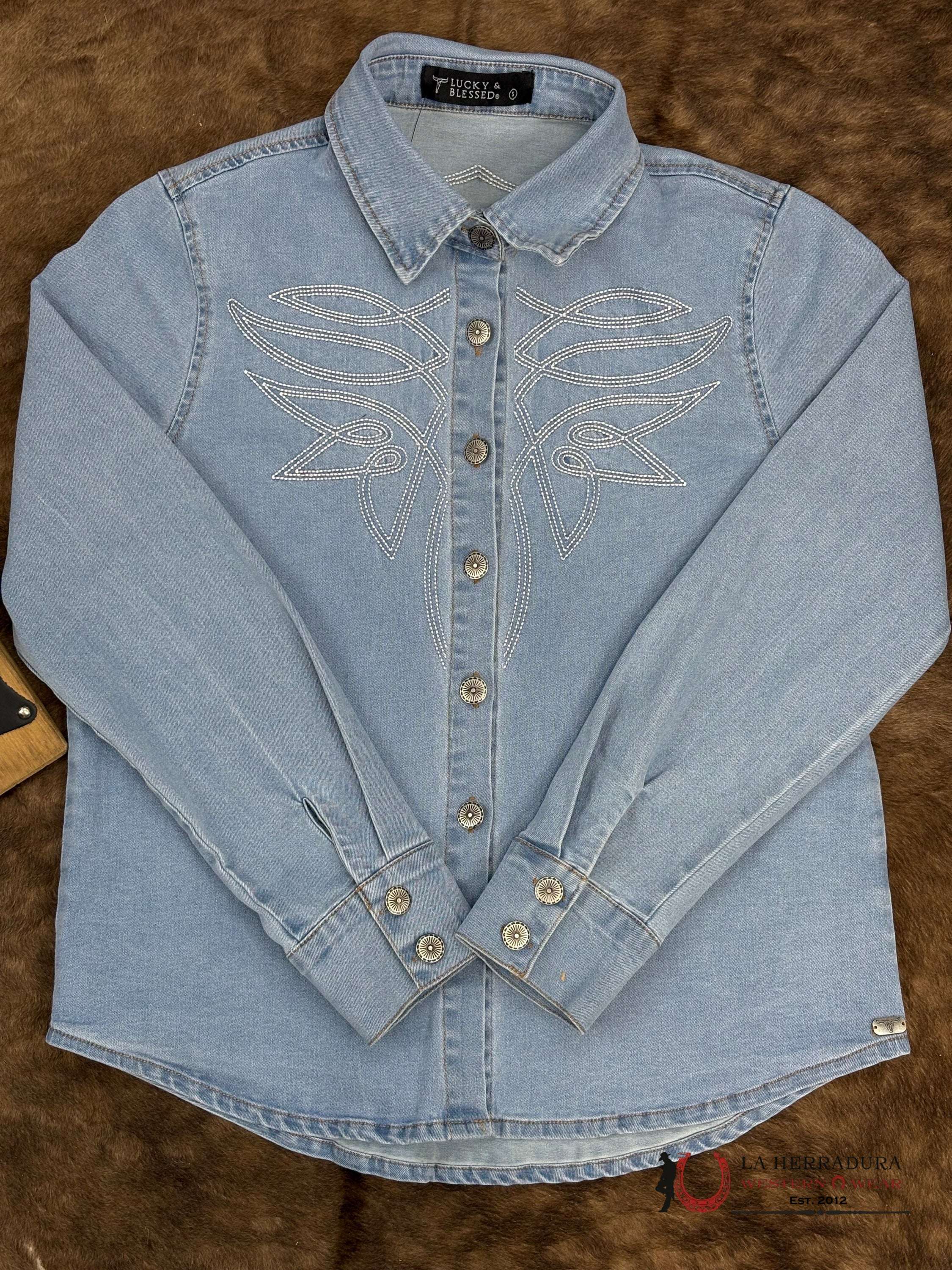 Lucky and Blessed Long Sleeve Jean Shirt With White Stiching ROPA MUJERES