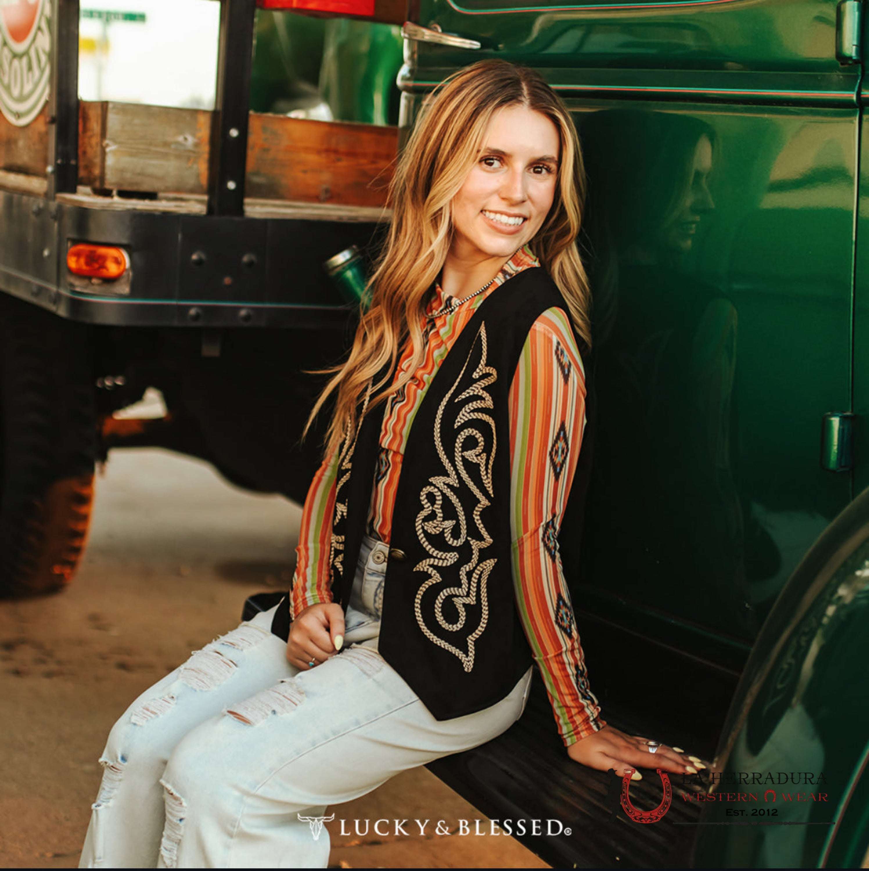 LUCKY & BLESSED BLACK VEST WITH BEIGE EMBROIDERY ROPA MUJERES