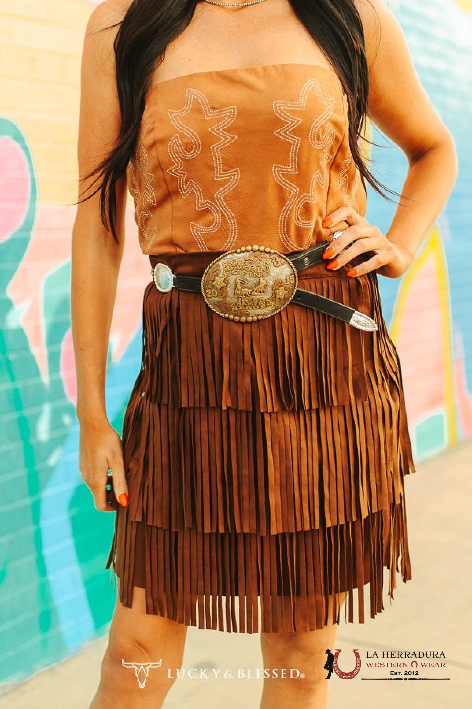 LUCKY&BLESSED BROWN FRINGE SKIRT ROPA MUJERES