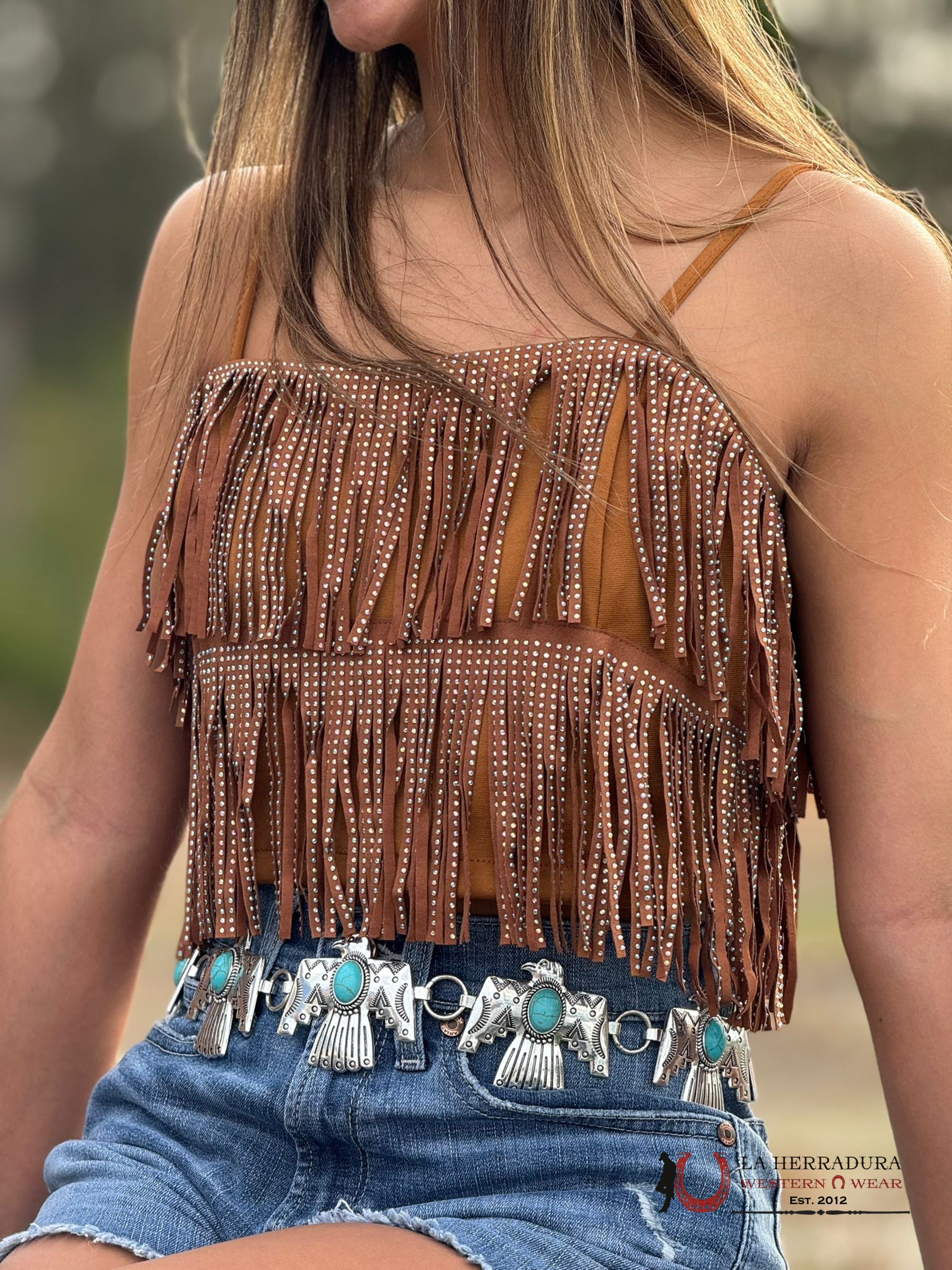 Lucky & Blessed Chestnut Fringed Embellished Spaghetti Strap Ropa Mujeres