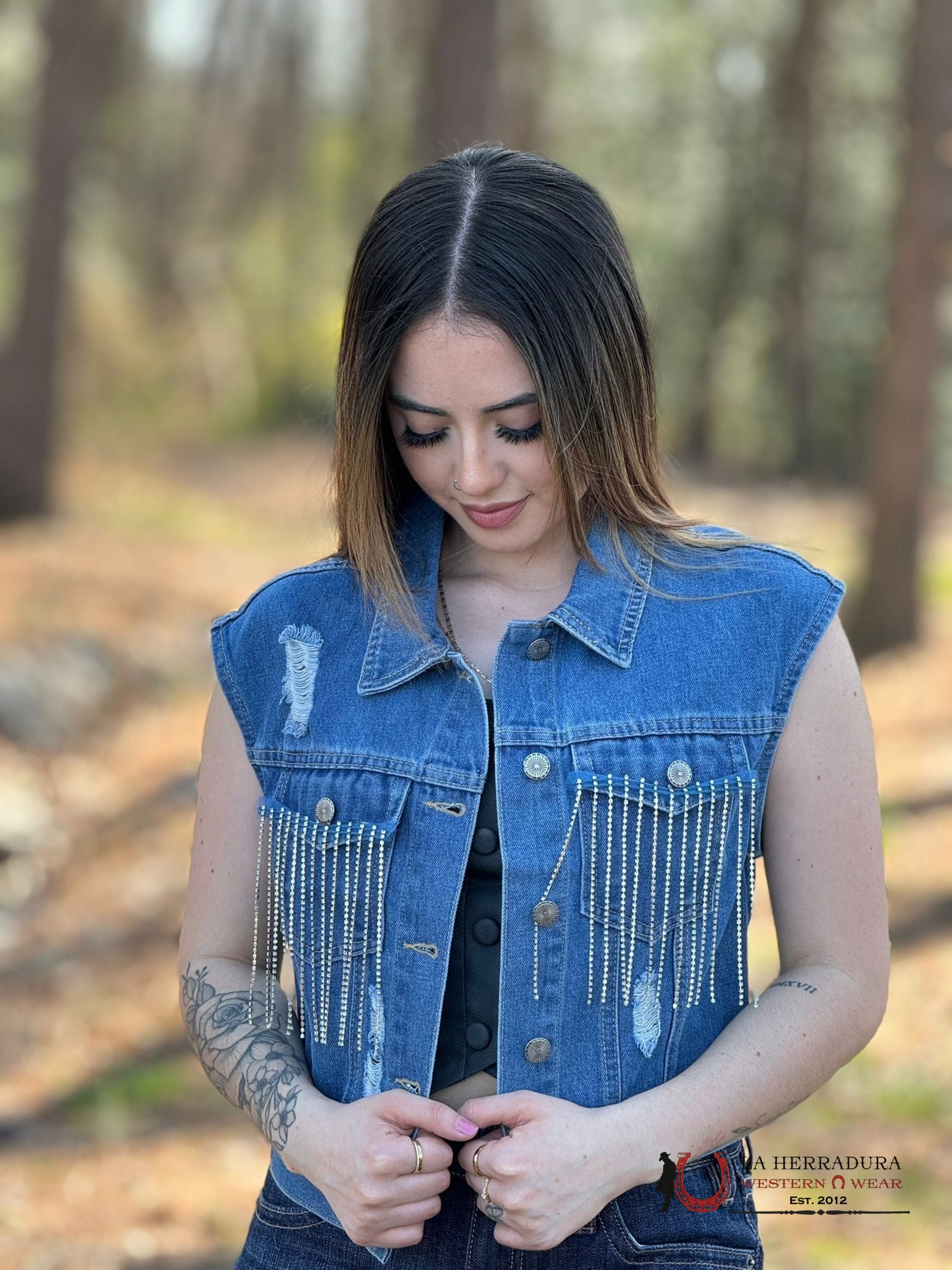 Lucky & Blessed Jean Jacket Sparkle Fringe Ropa Mujeres