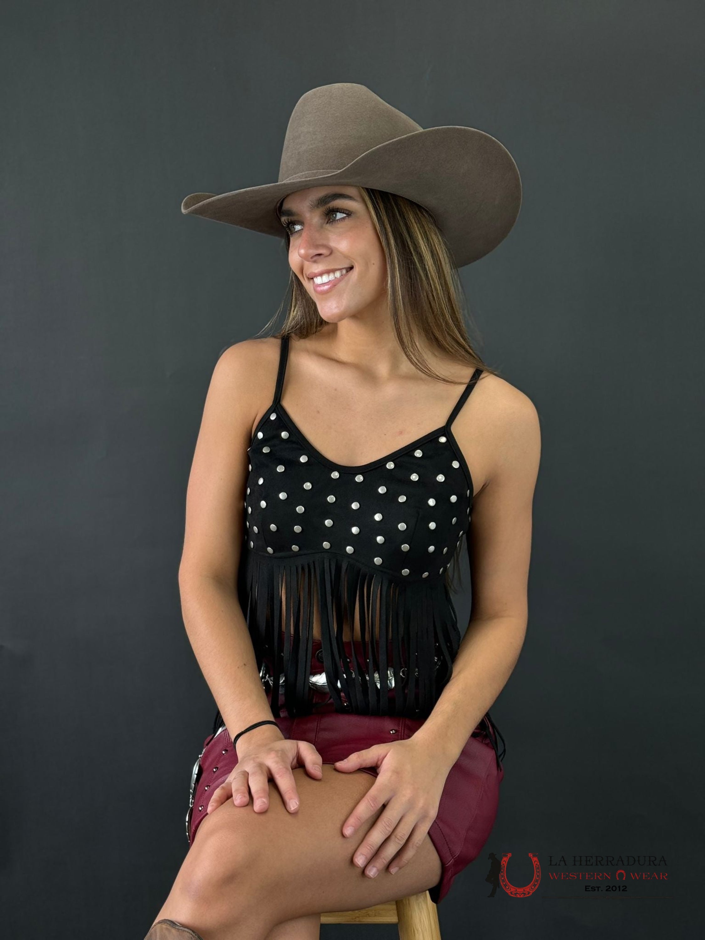 Lucky & Blessed Negro Silver Button Bottom Fringe Ropa Mujeres