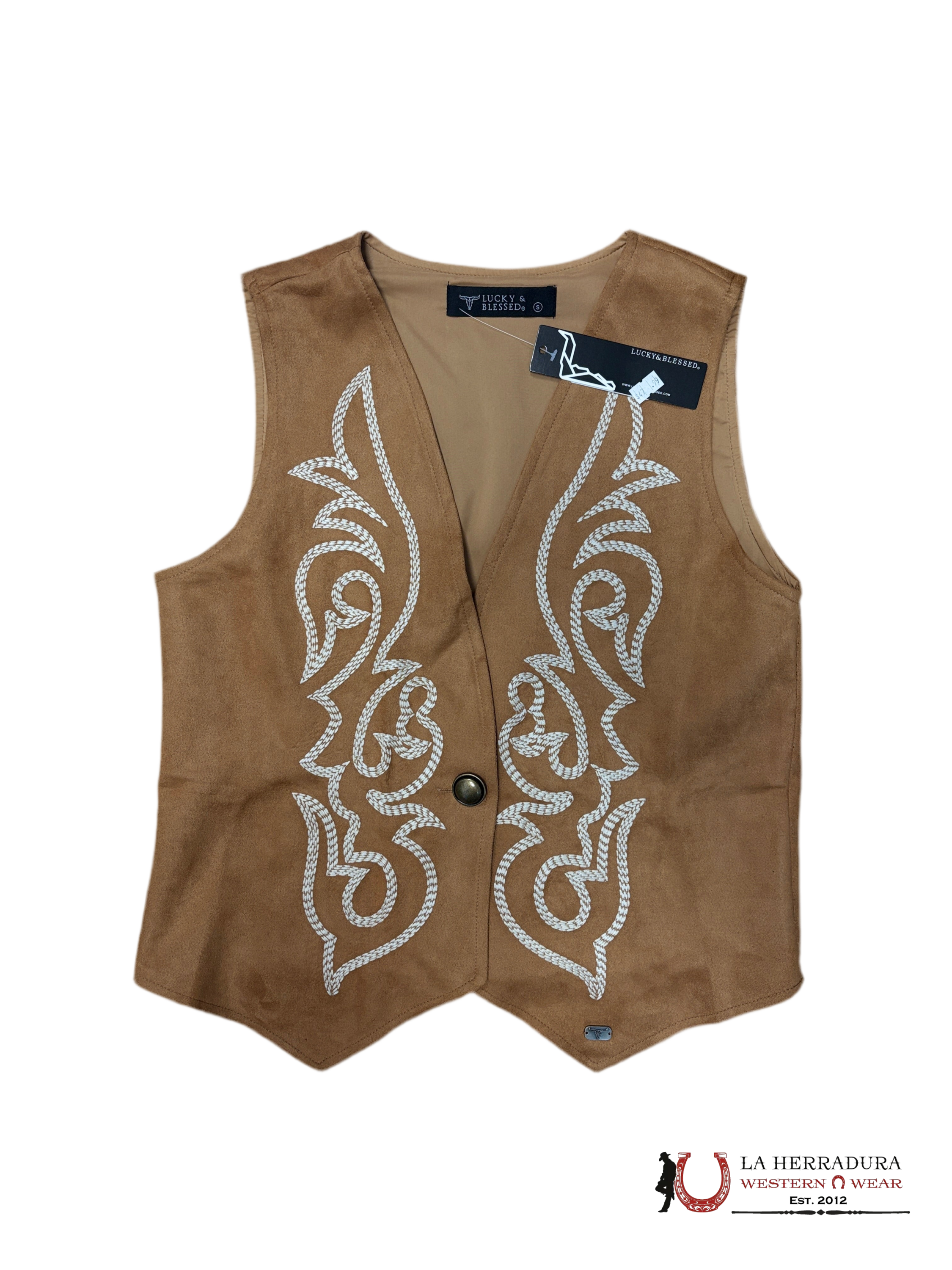 LUCKY & BLESSED TAN VEST WITH BEIGE EMBROIDERY ROPA MUJERES
