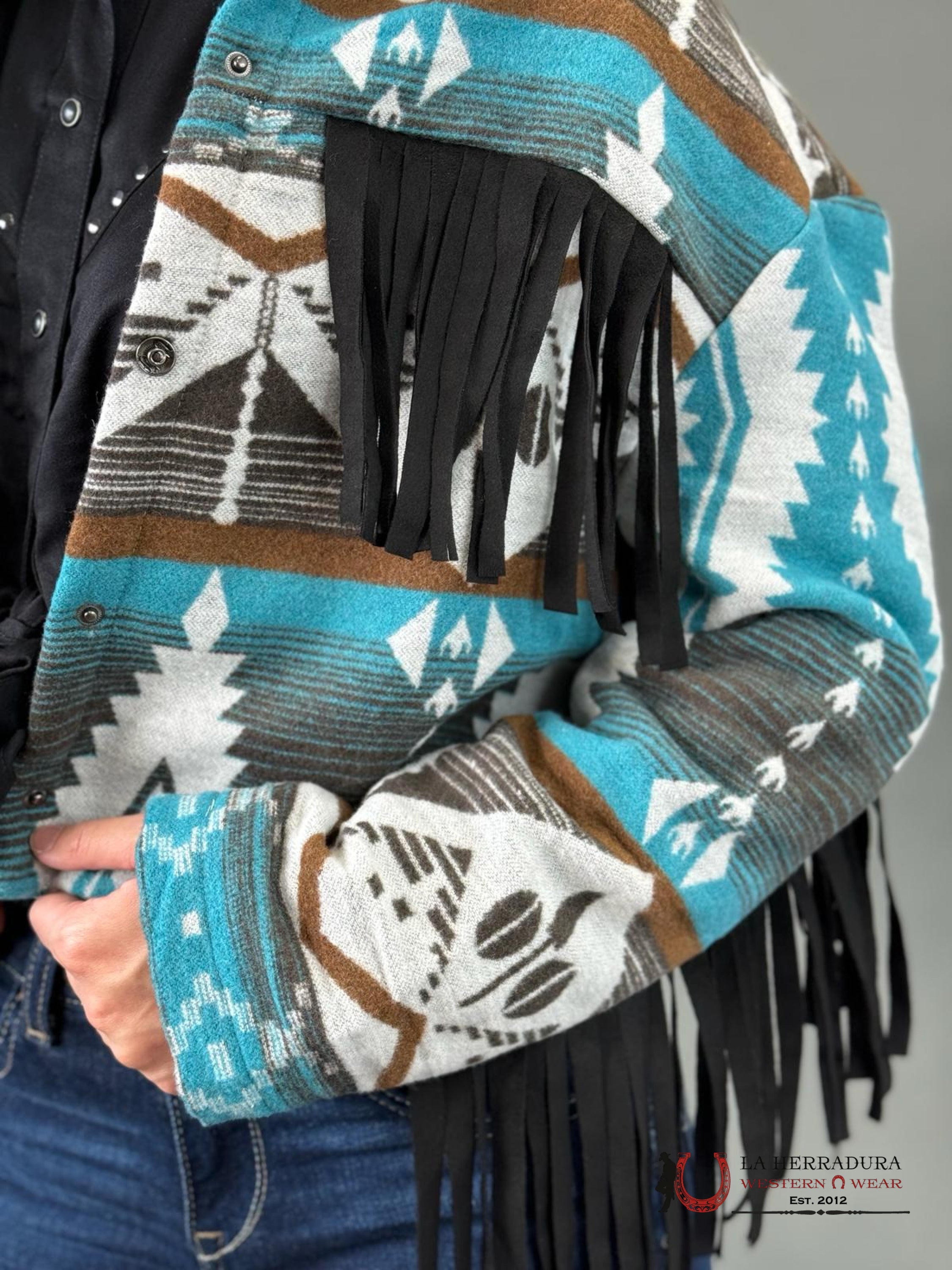Lucky & Blessed Western Aztec Black Fringe Snap Jacket Ropa Mujeres