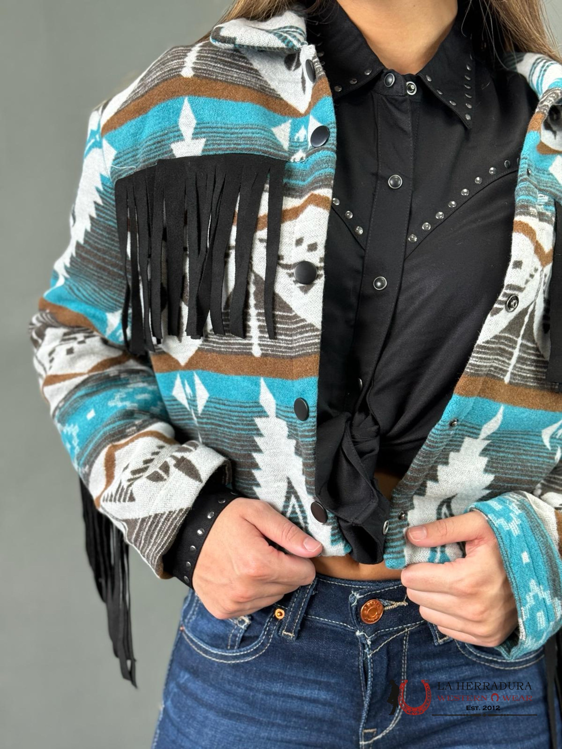 Lucky & Blessed Western Aztec Black Fringe Snap Jacket Ropa Mujeres