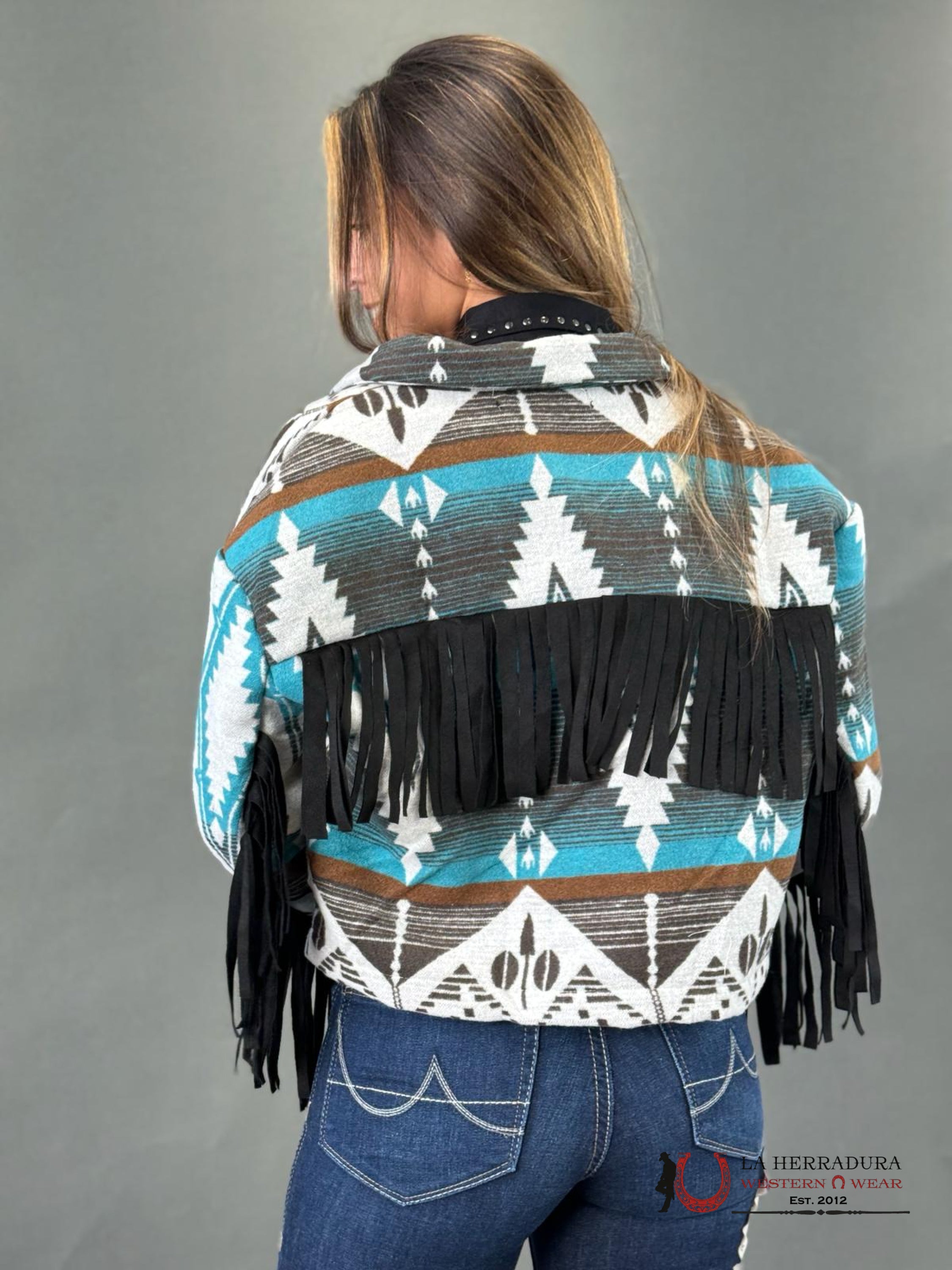 Lucky & Blessed Western Aztec Black Fringe Snap Jacket Ropa Mujeres