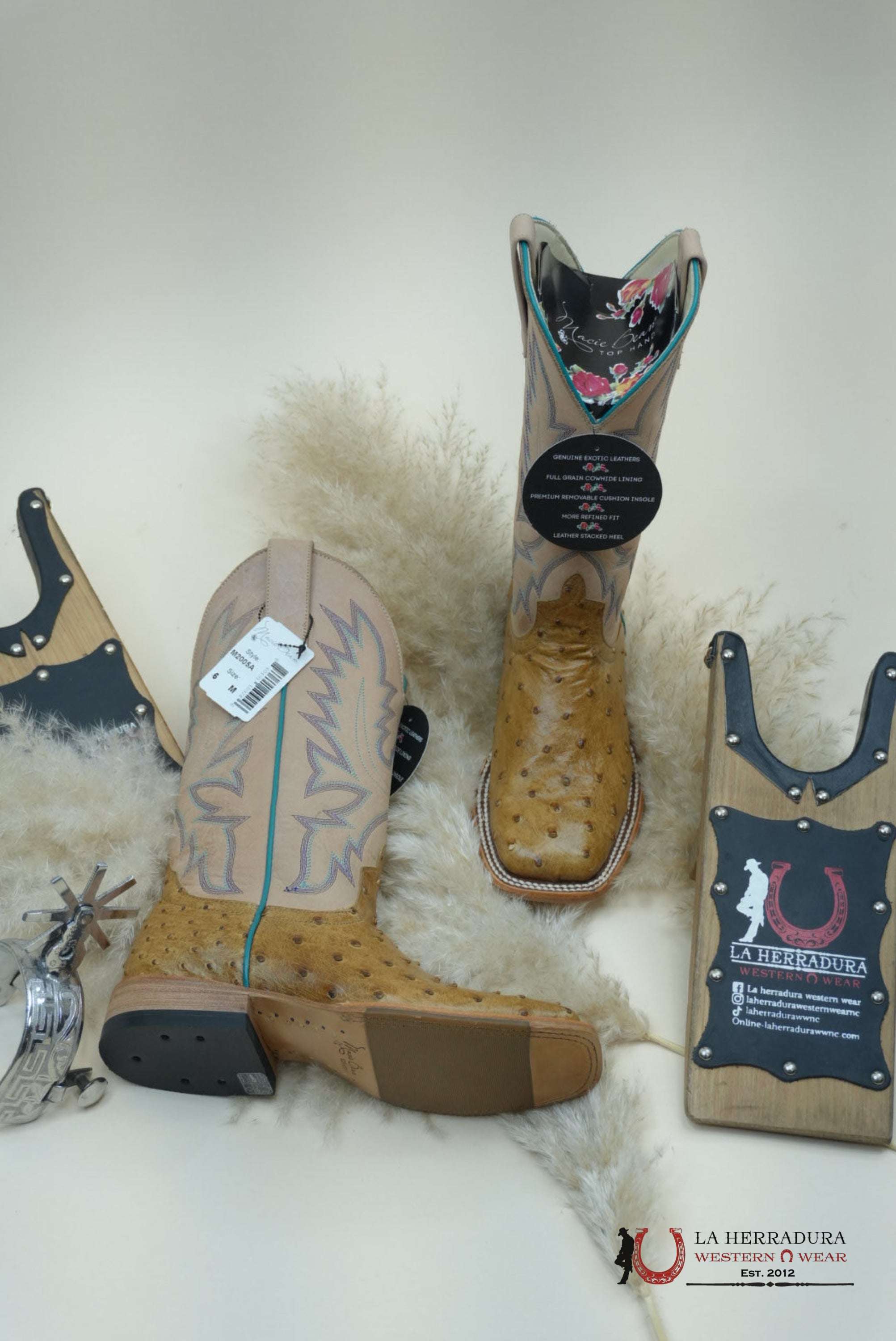 Macie Beam Antique Saddle Fq Ostrich Bleached Bone Botas Mujeres