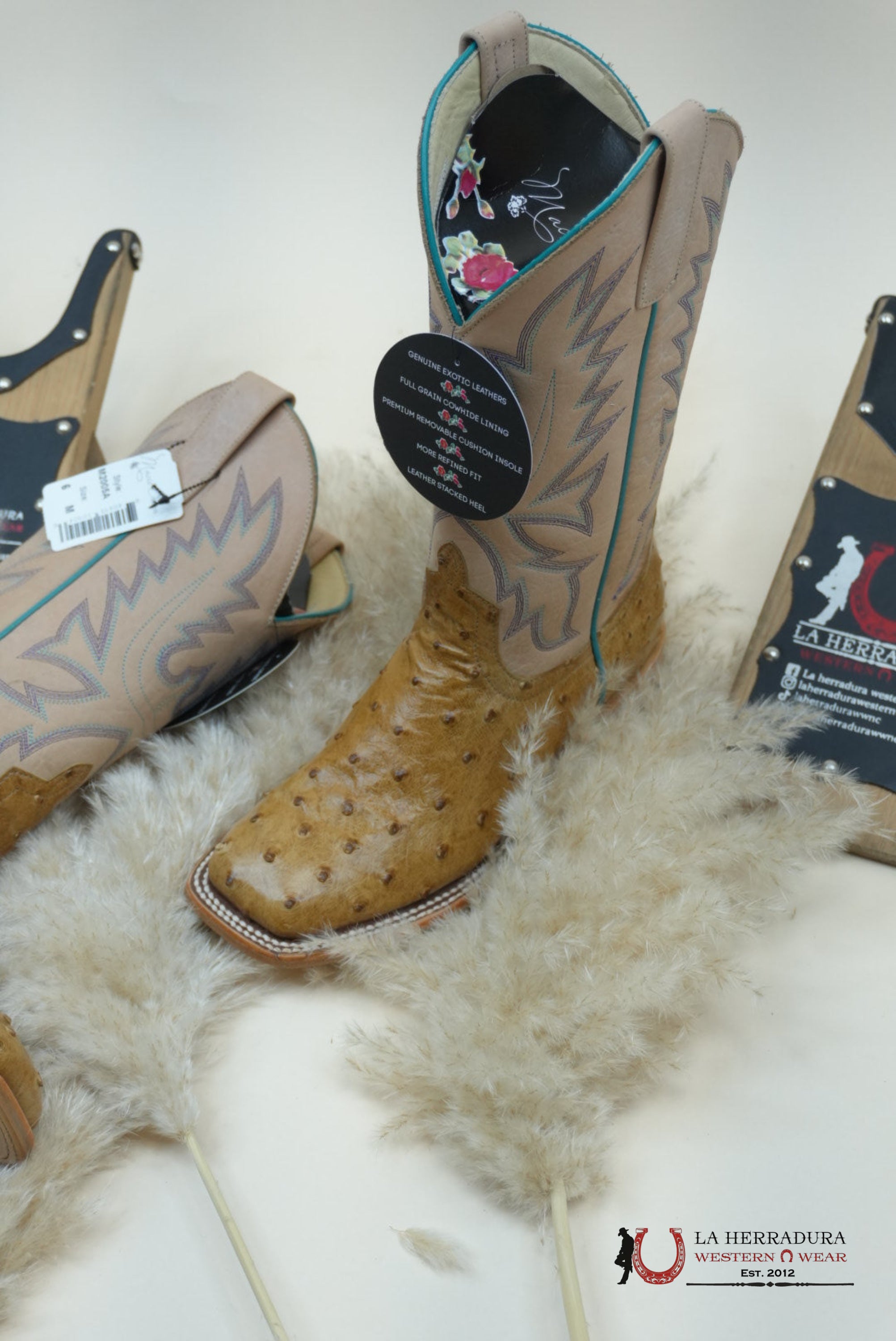 Macie Beam Antique Saddle Fq Ostrich Bleached Bone Botas Mujeres