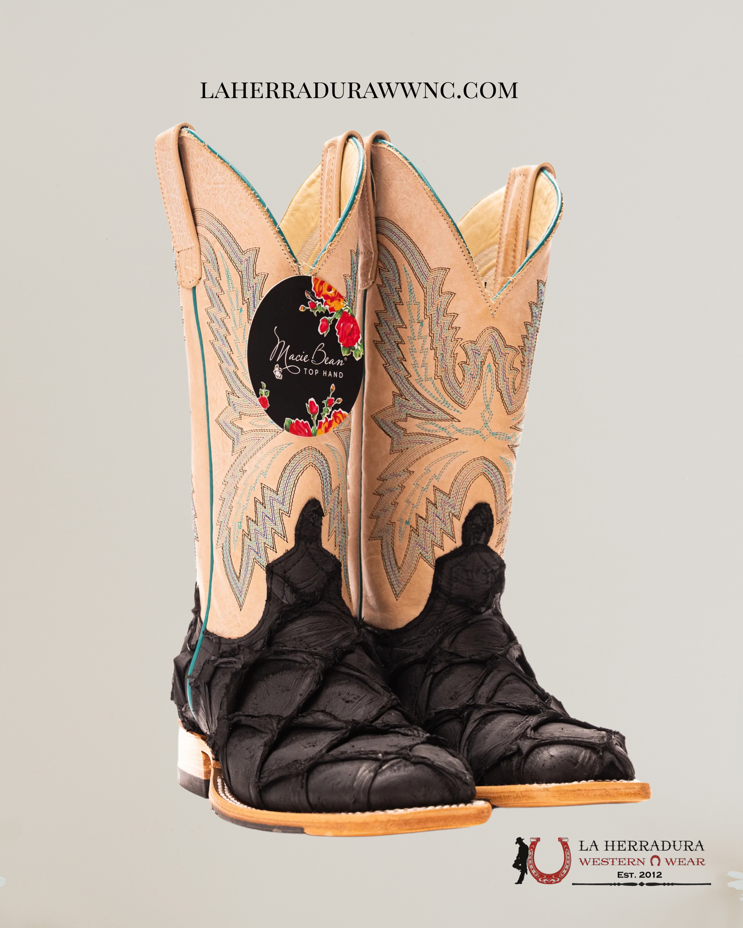 MACIE BEANS BLACK MATTE BIG BASS FISH 12” BLEACHED BONE BOTAS MUJERES