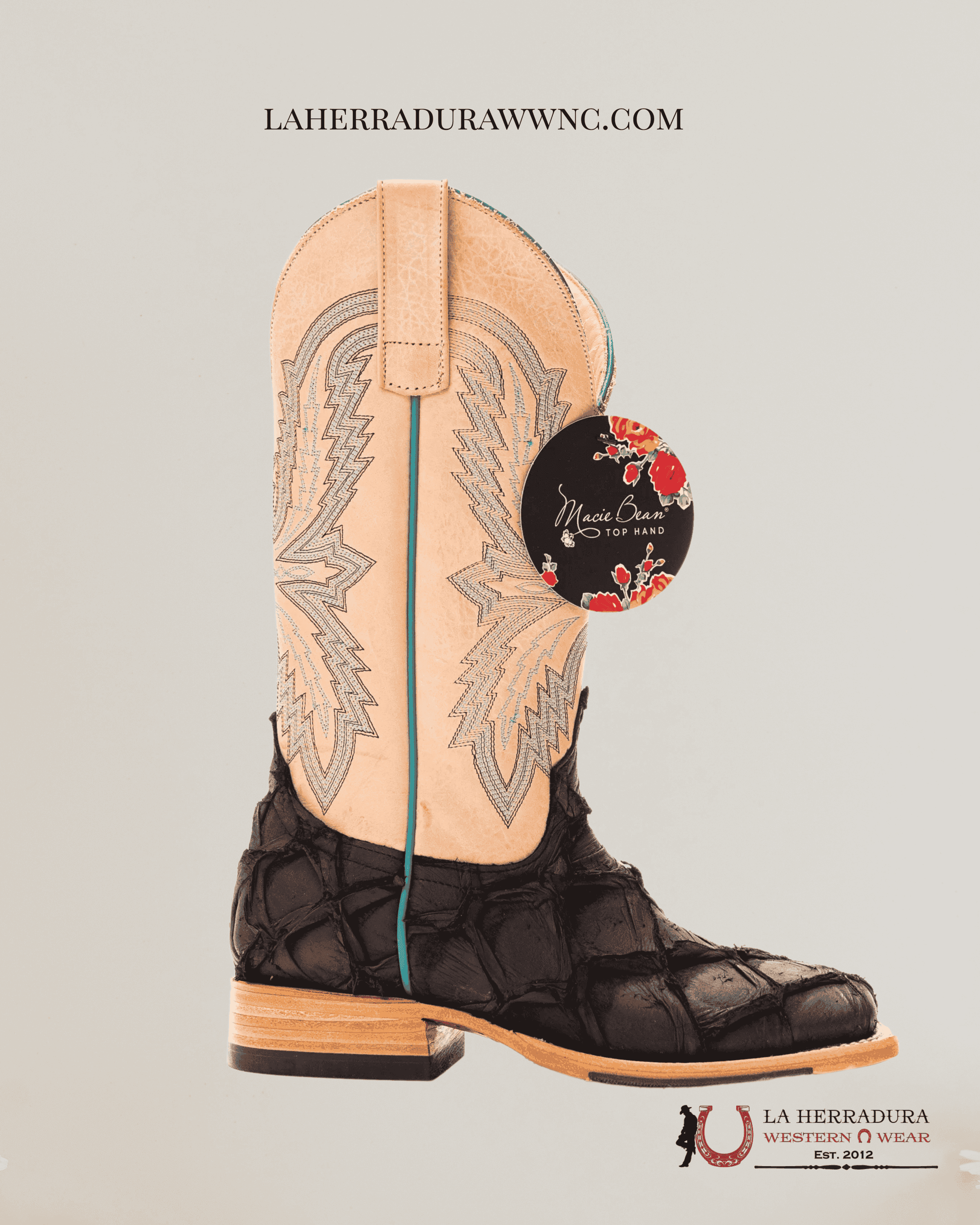 MACIE BEANS BLACK MATTE BIG BASS FISH 12” BLEACHED BONE BOTAS MUJERES