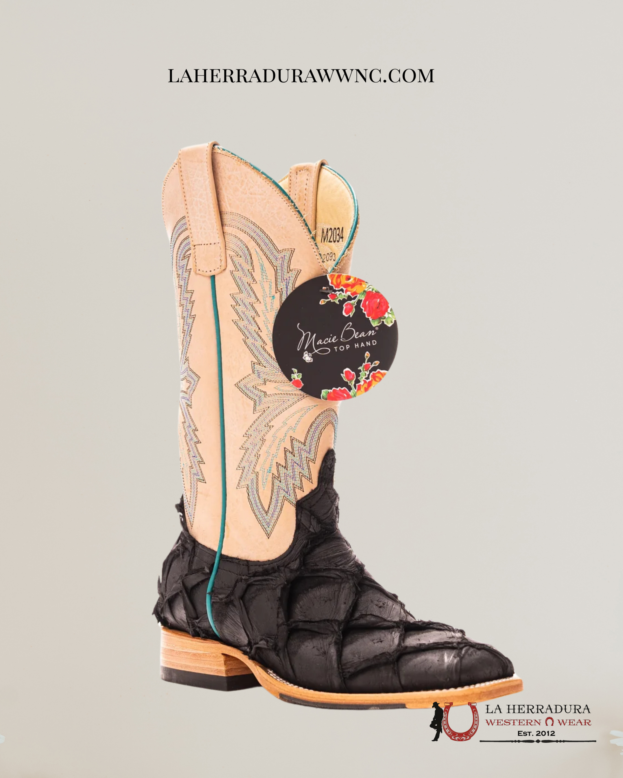 MACIE BEANS BLACK MATTE BIG BASS FISH 12” BLEACHED BONE BOTAS MUJERES