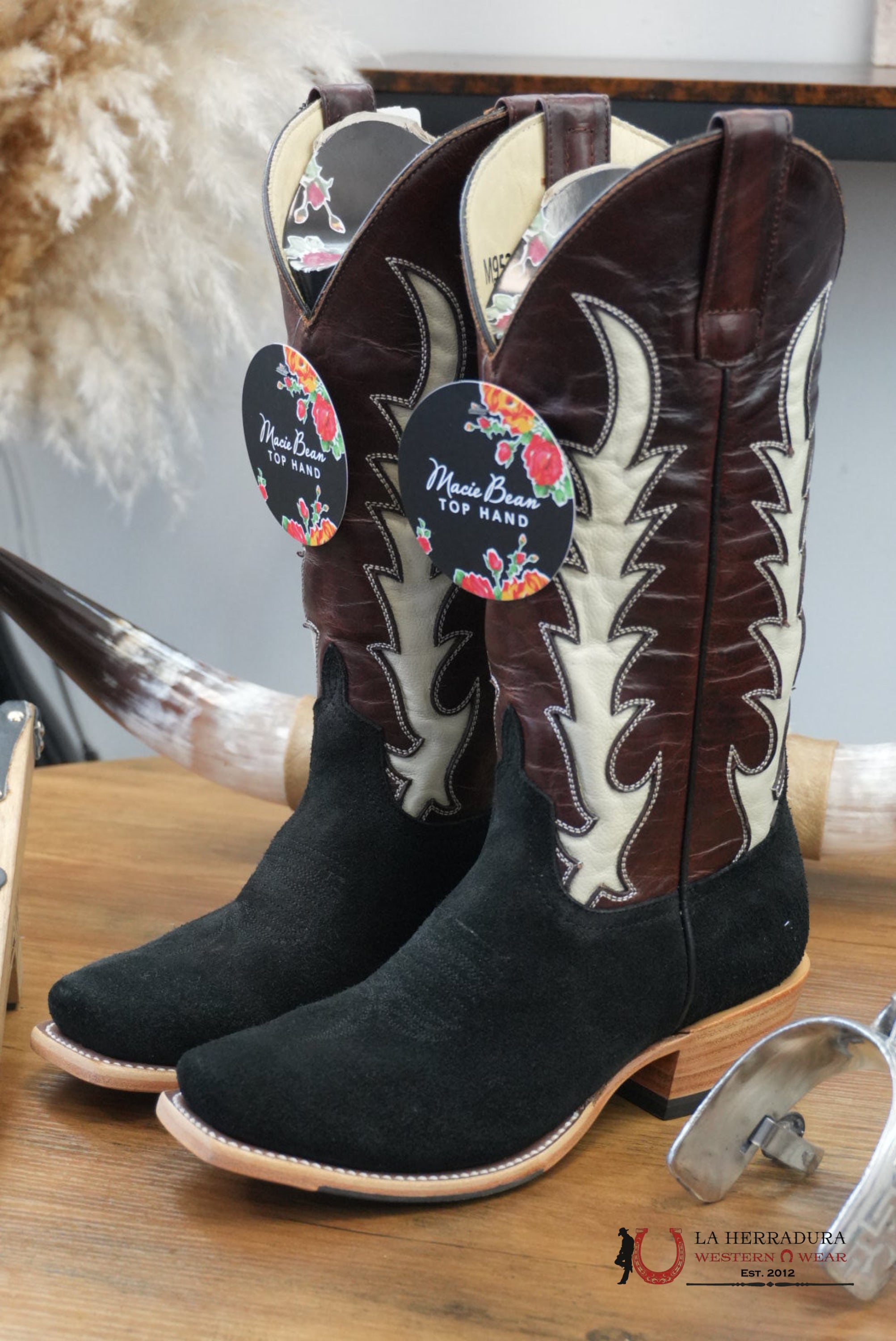 WOMENS MACIE BEAN BLACK SUEDE WHISKEY VAQUERO NARROW TOE - M9523 BOTAS MUJERES