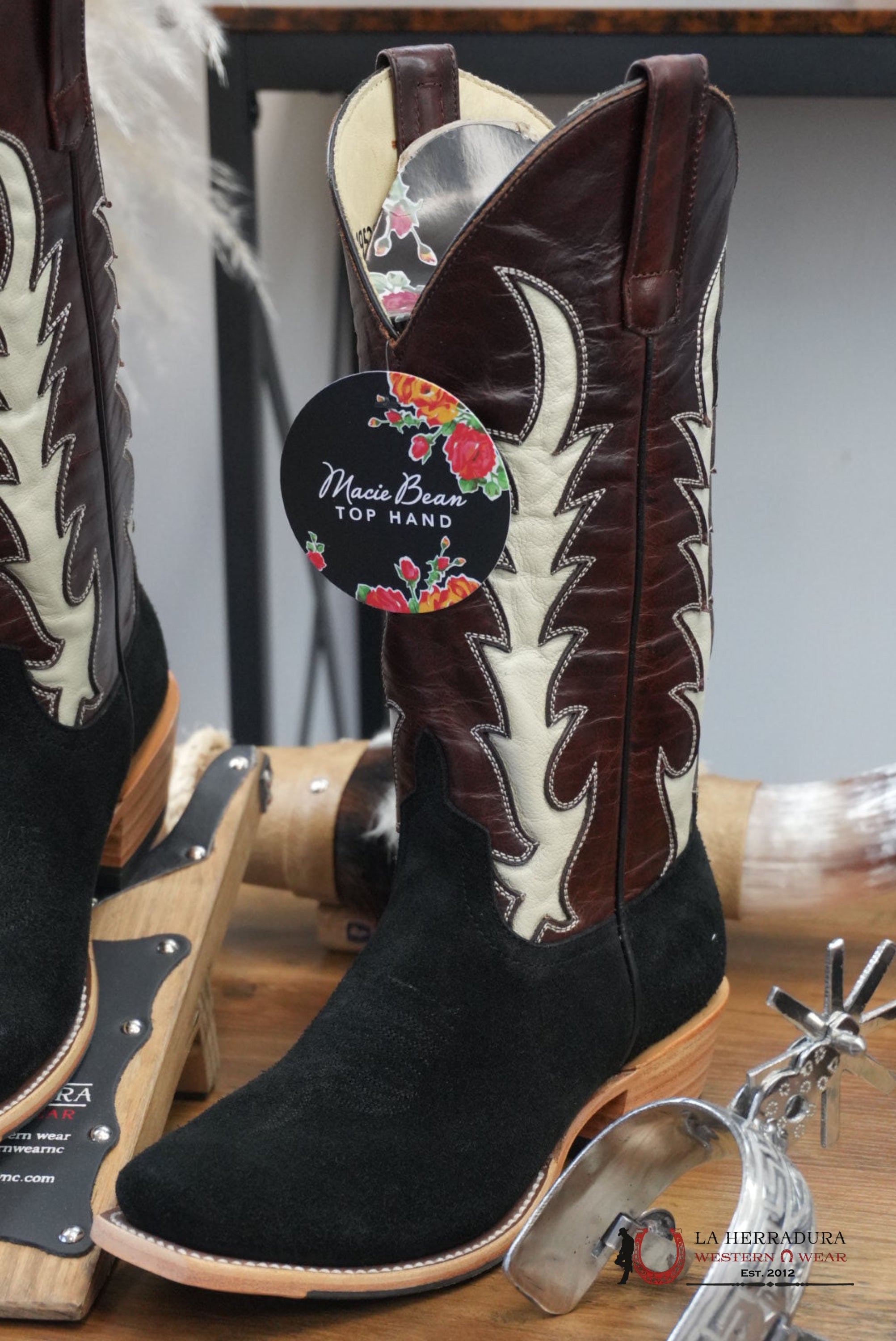 WOMENS MACIE BEAN BLACK SUEDE WHISKEY VAQUERO NARROW TOE - M9523 BOTAS MUJERES