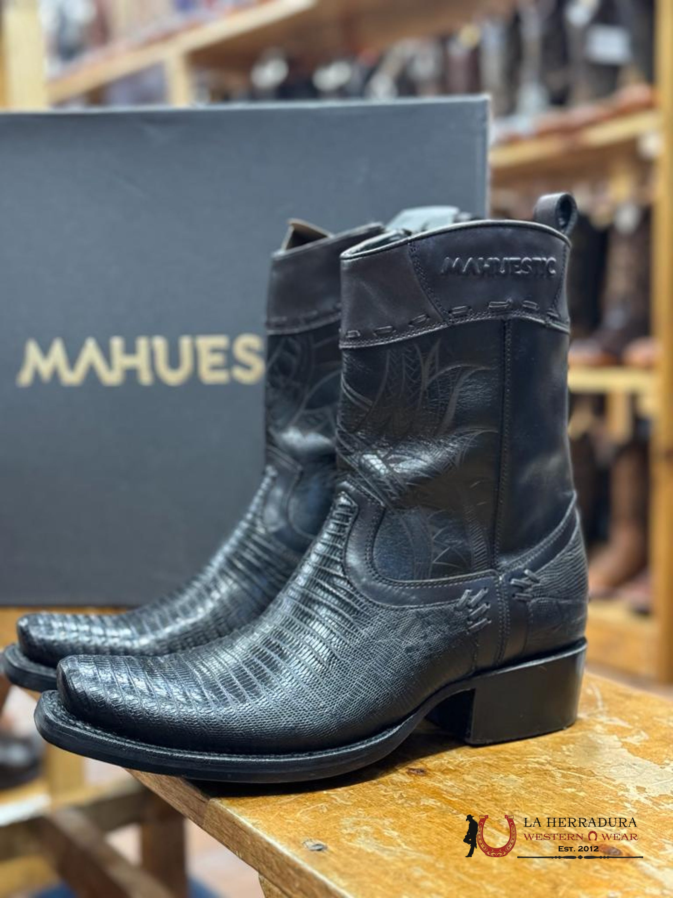 Mahuestic Lizard Negro Semi Square Toe Short Boot Nav0501 Botas Hombres