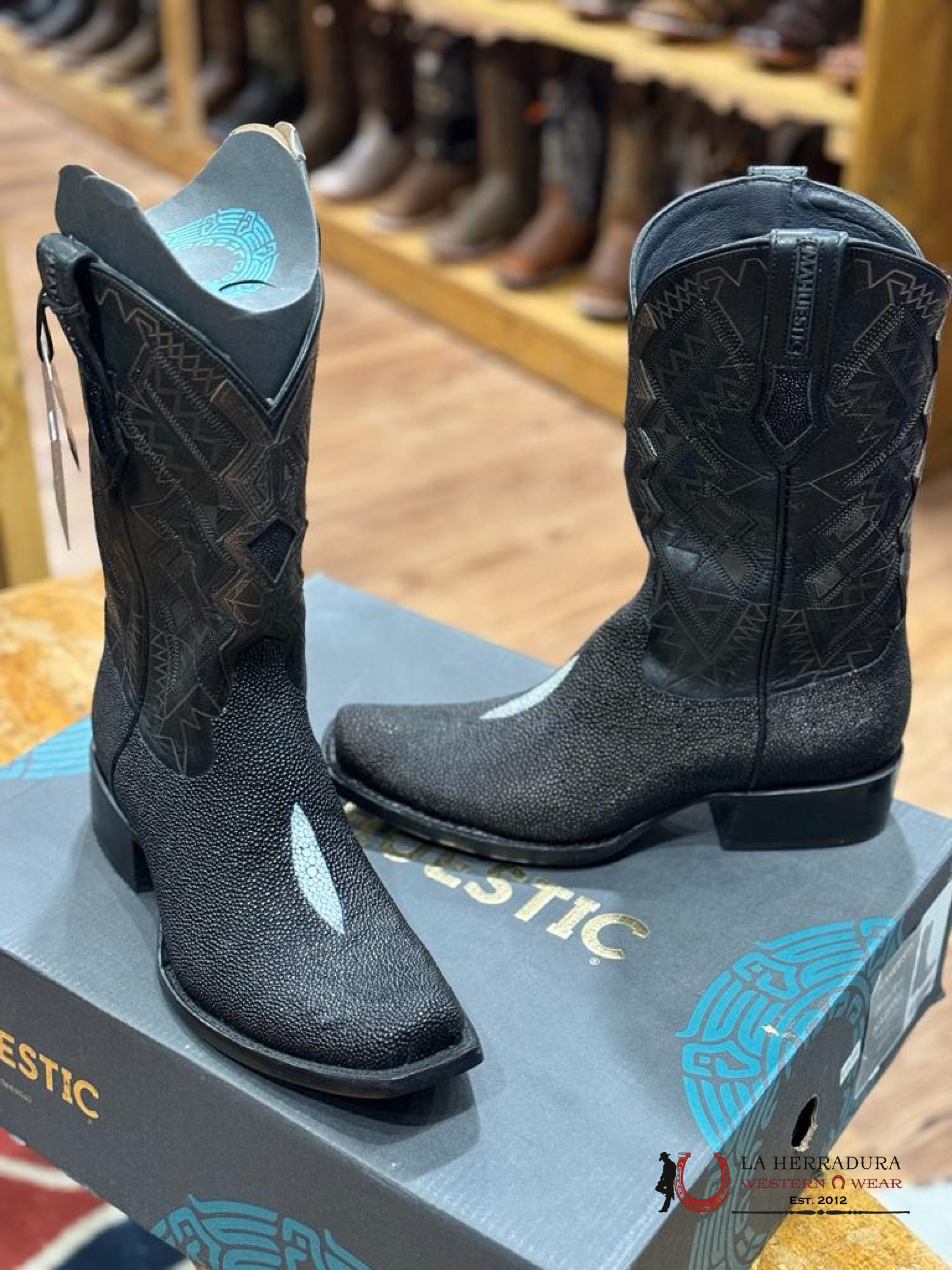 Mahuestic Mantarraya Negro Semi Square Toe Botas Hombres