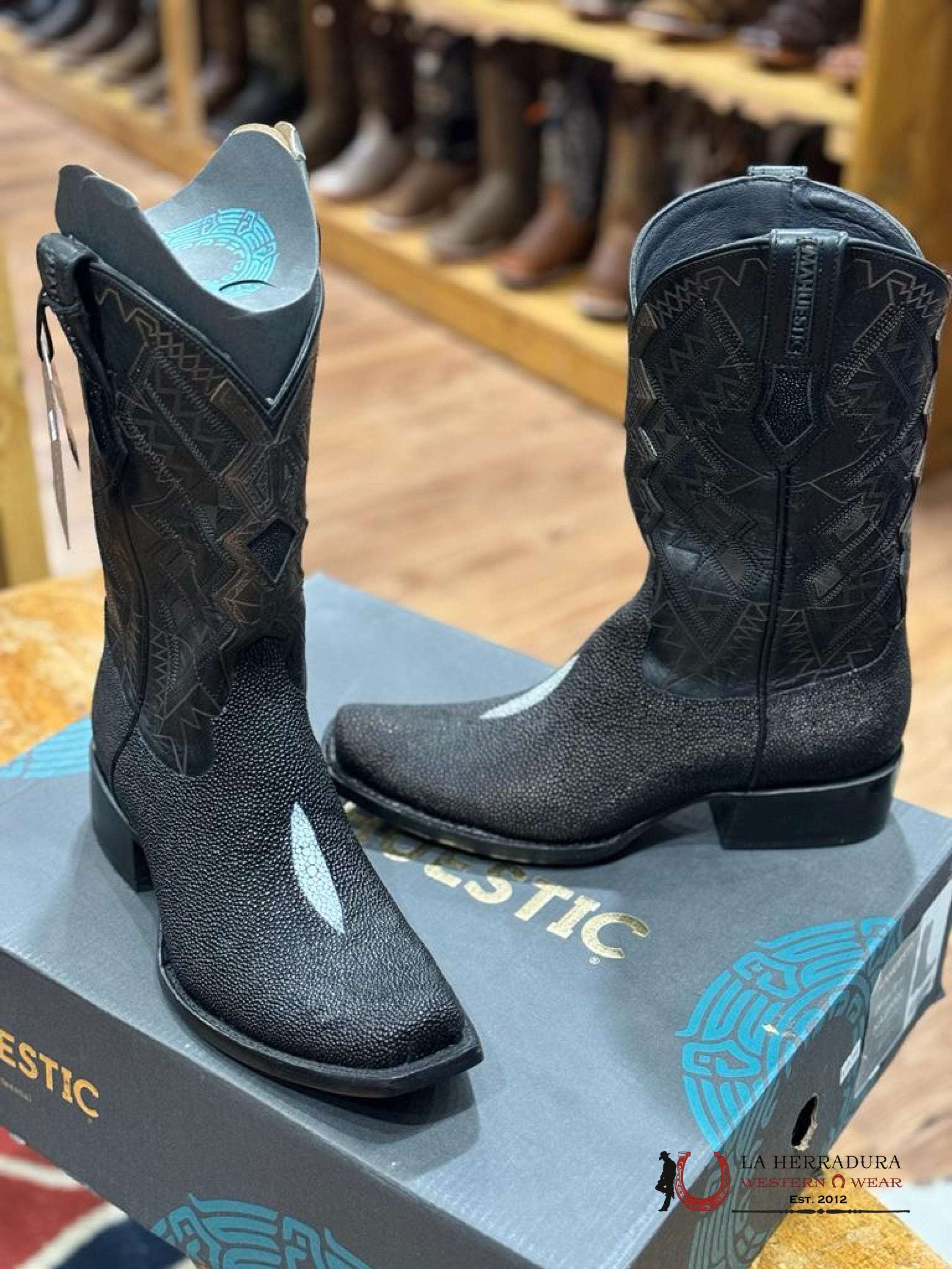 Mahuestic Mantarraya Negro Semi Square Toe Botas Hombres