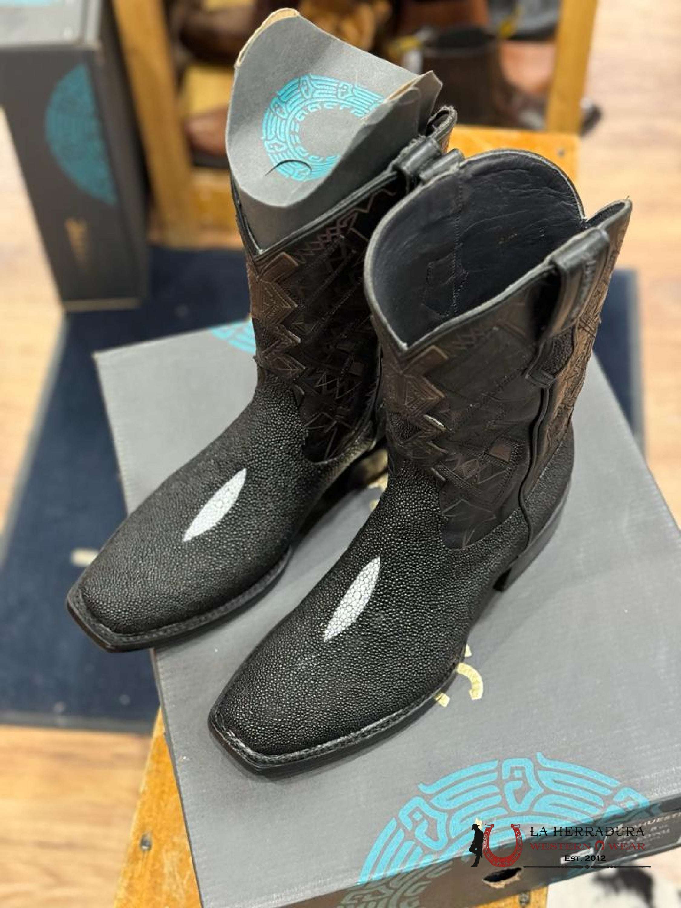 Mahuestic Mantarraya Negro Semi Square Toe Botas Hombres