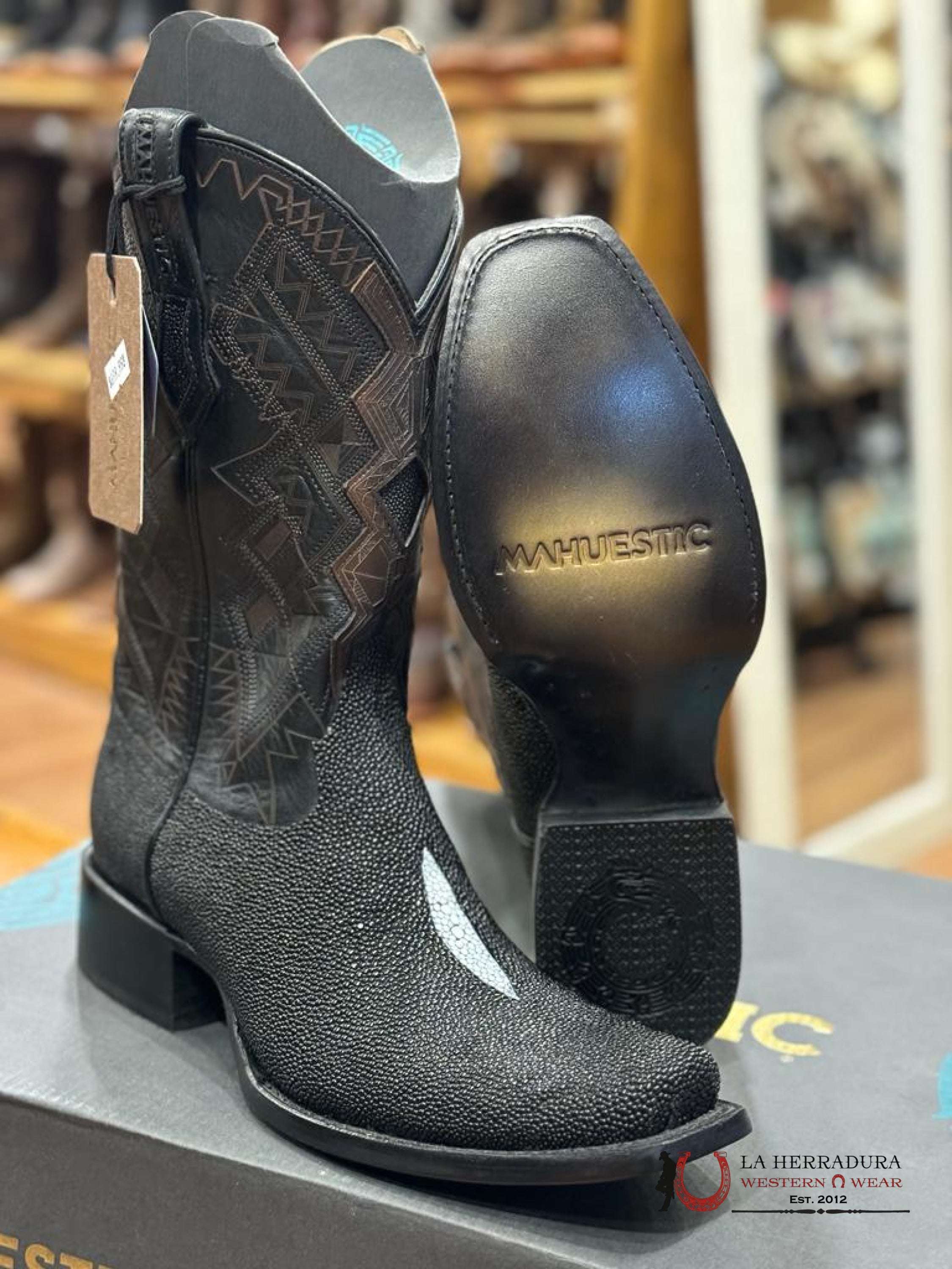 Mahuestic Mantarraya Negro Semi Square Toe Botas Hombres