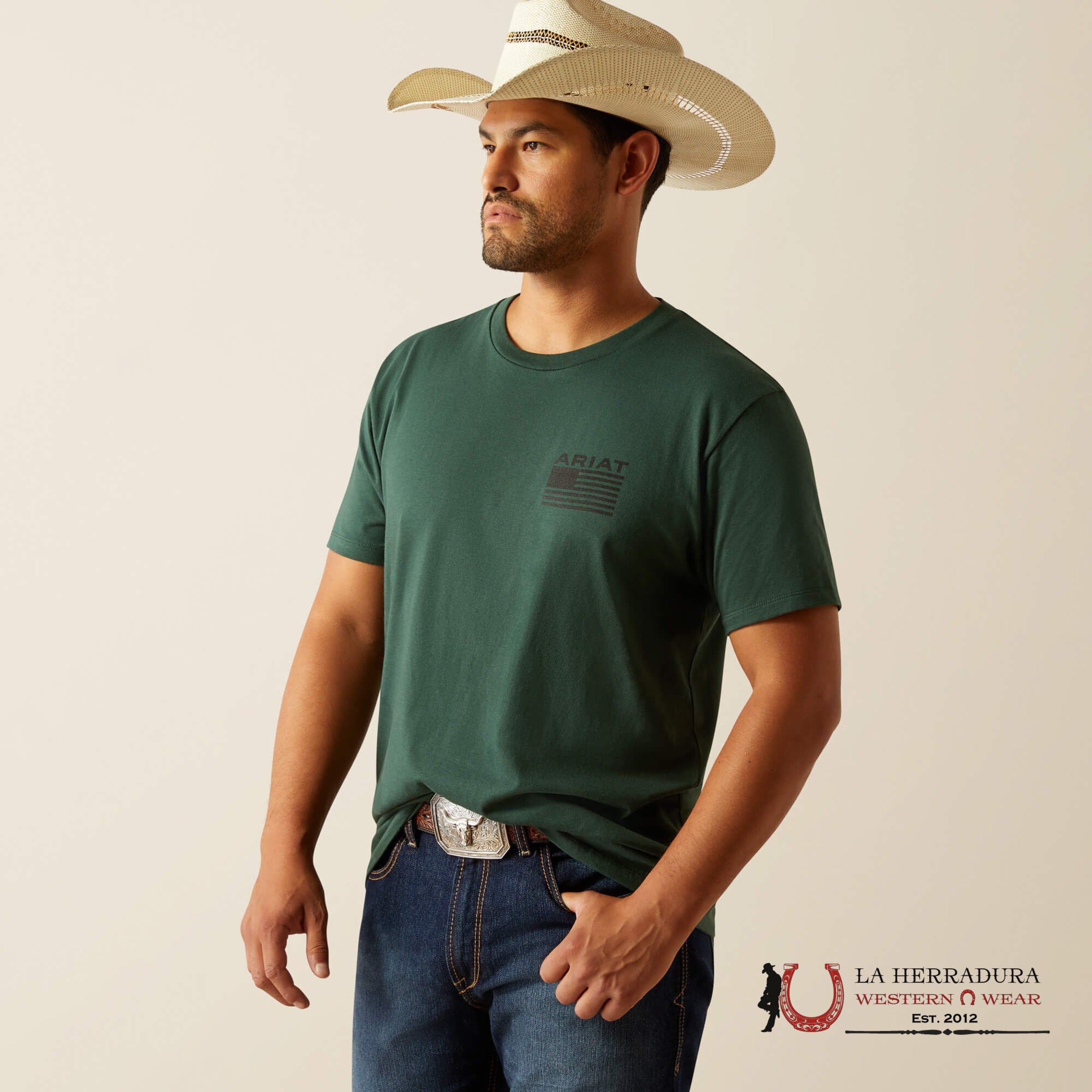 MEN ARIAT T-SHIRT RUSTIC WOOD FLAG FOREST GREEN 10058890 ROPA HOMBRES