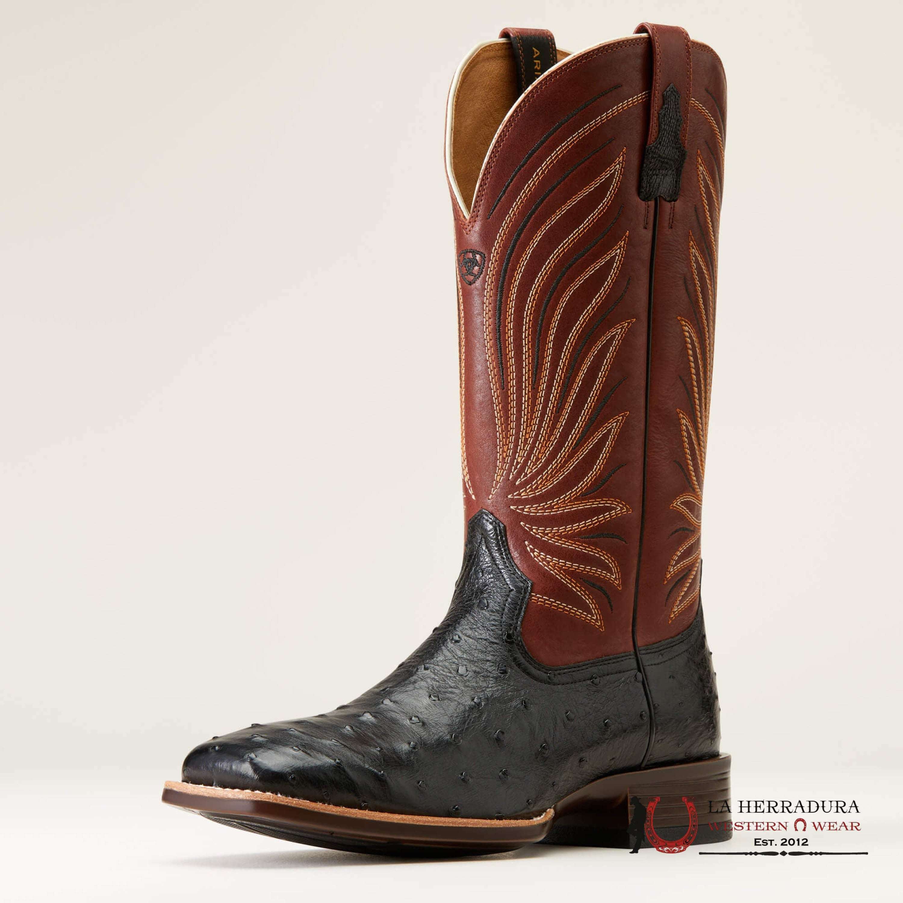 MENS ARIAT BRANDIN YLTRA JET BLACK FULL QUILL OSTRICH ROASTED CHESTNUT 10046962 BOTAS HOMBRES