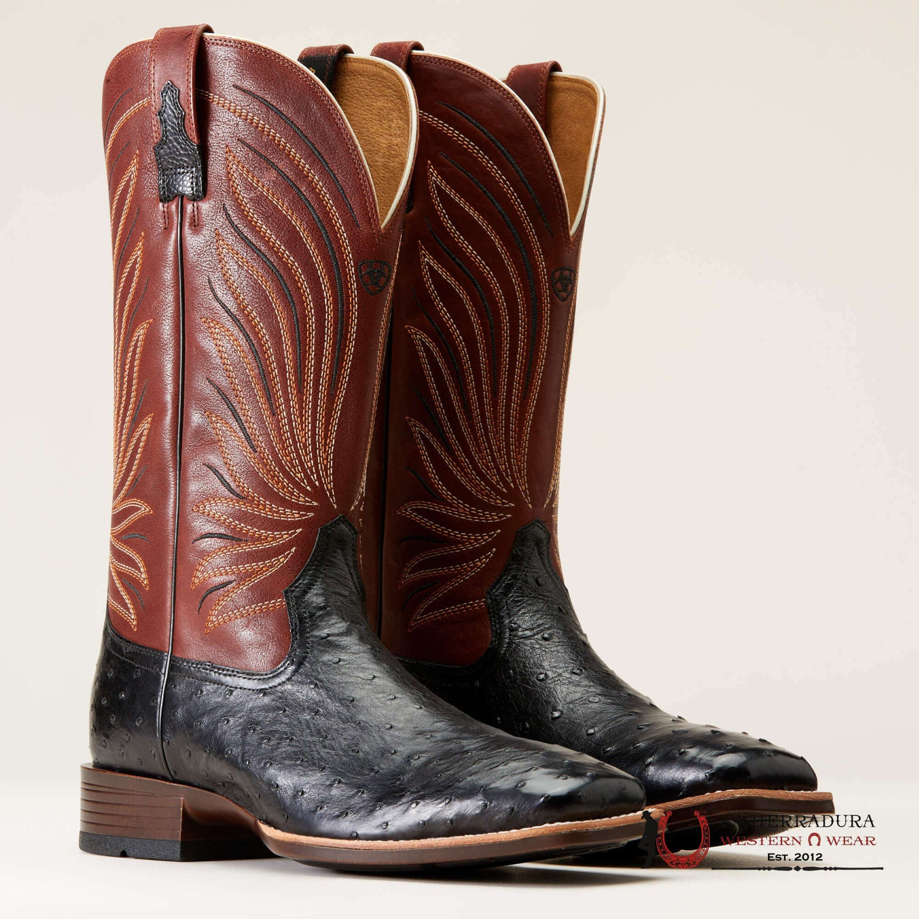MENS ARIAT BRANDIN YLTRA JET BLACK FULL QUILL OSTRICH ROASTED CHESTNUT 10046962 BOTAS HOMBRES