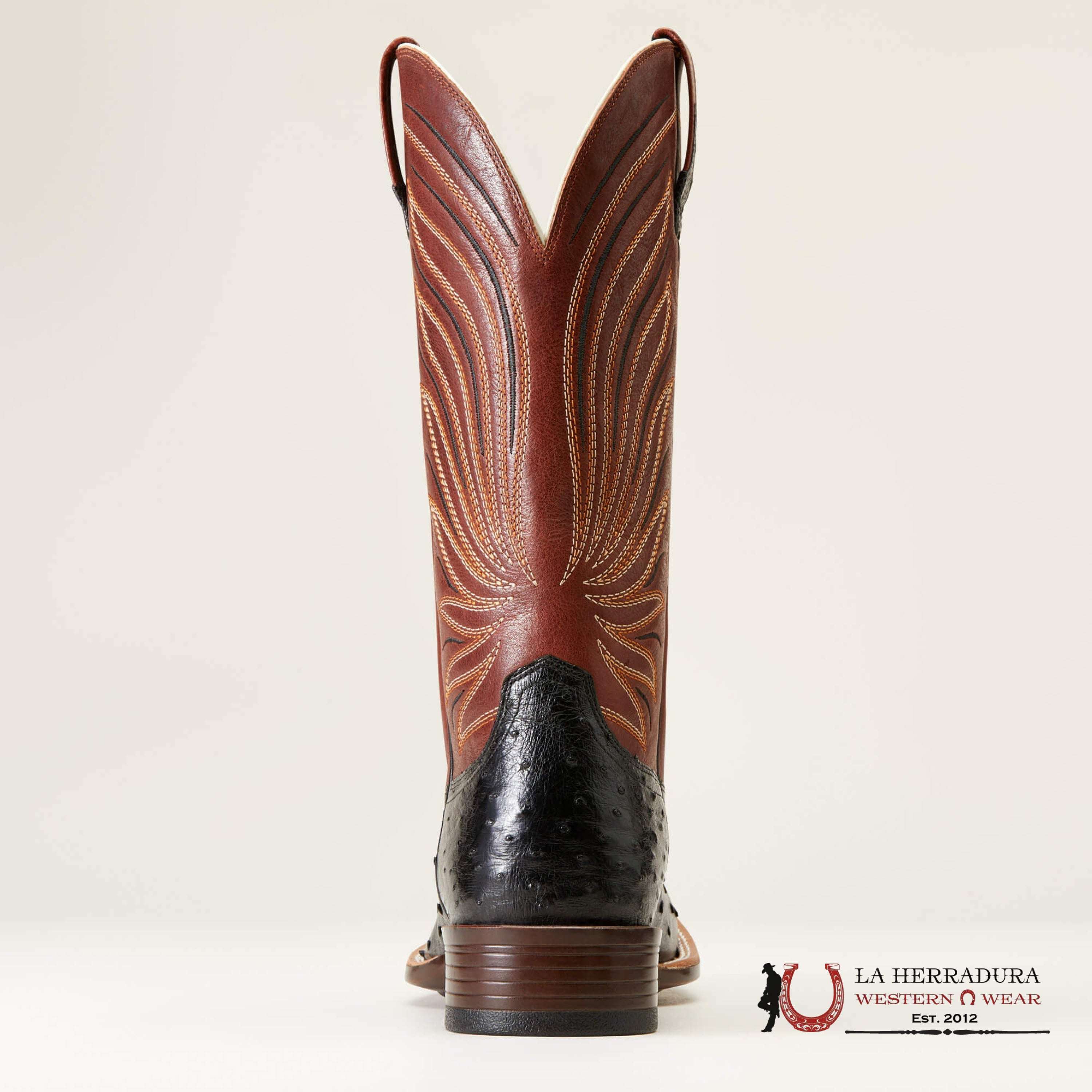 MENS ARIAT BRANDIN YLTRA JET BLACK FULL QUILL OSTRICH ROASTED CHESTNUT 10046962 BOTAS HOMBRES