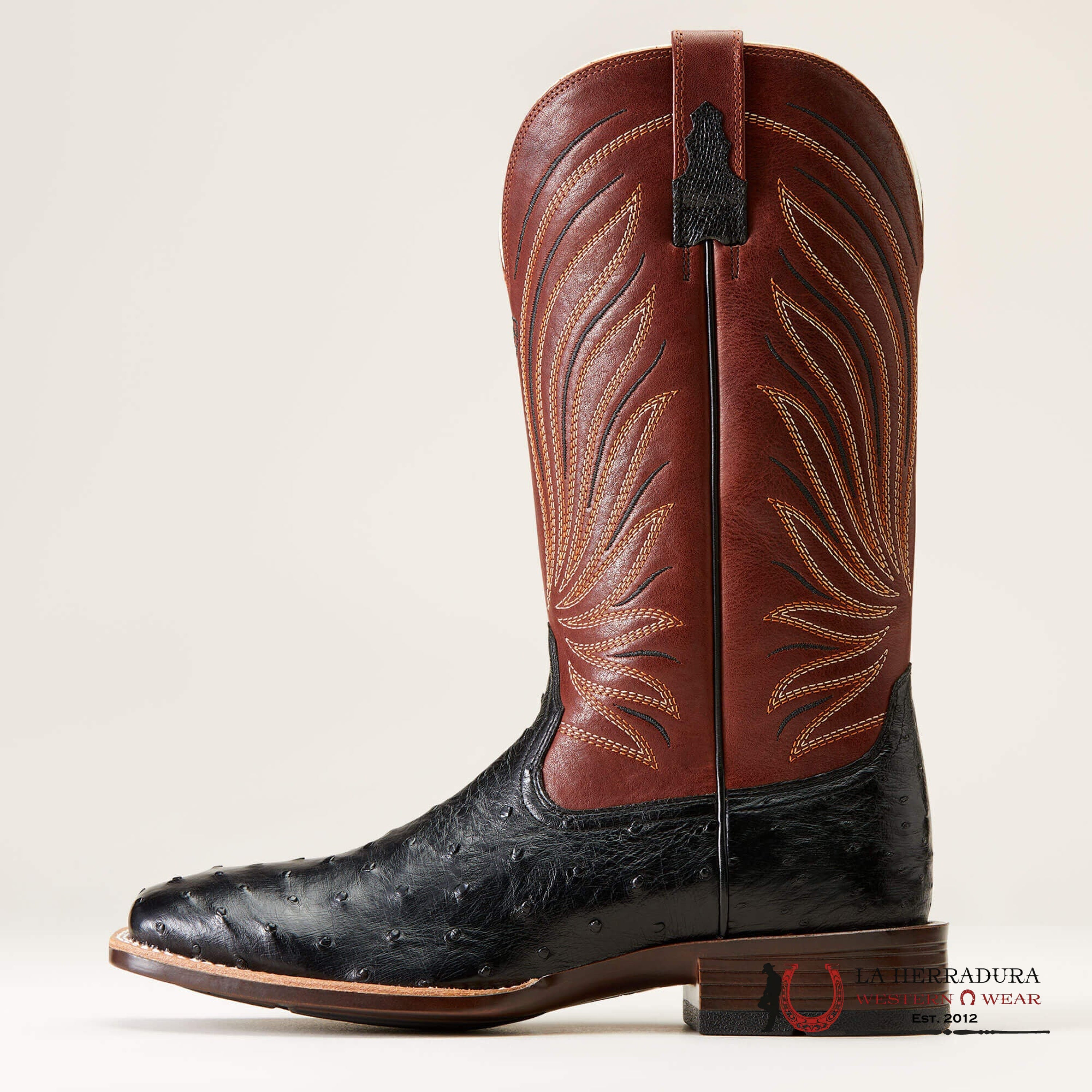 MENS ARIAT BRANDIN YLTRA JET BLACK FULL QUILL OSTRICH ROASTED CHESTNUT 10046962 BOTAS HOMBRES