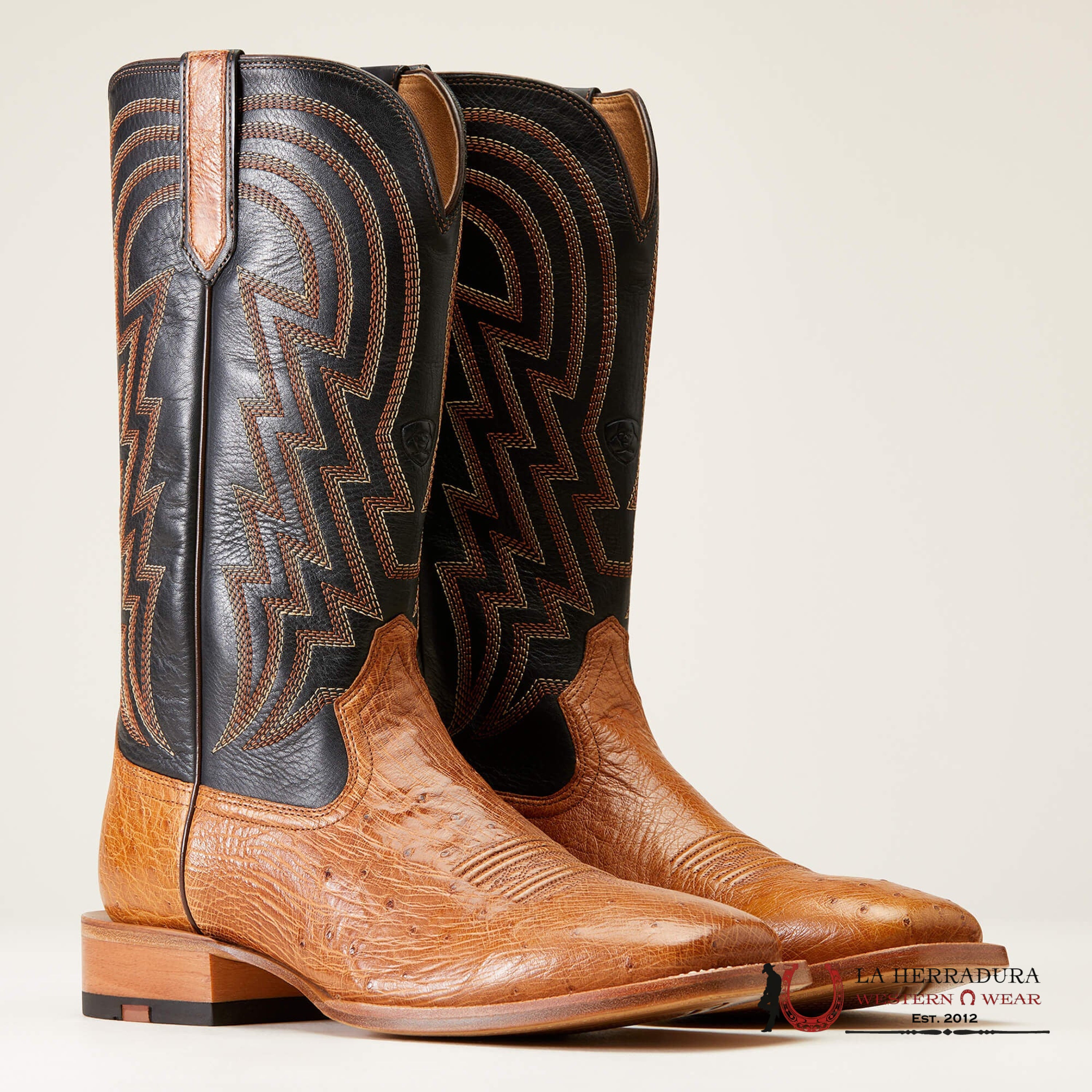 Mens Ariat Haywire Antique Tan Smooth Quill Ostrich/Midnight Black Botas Hombres