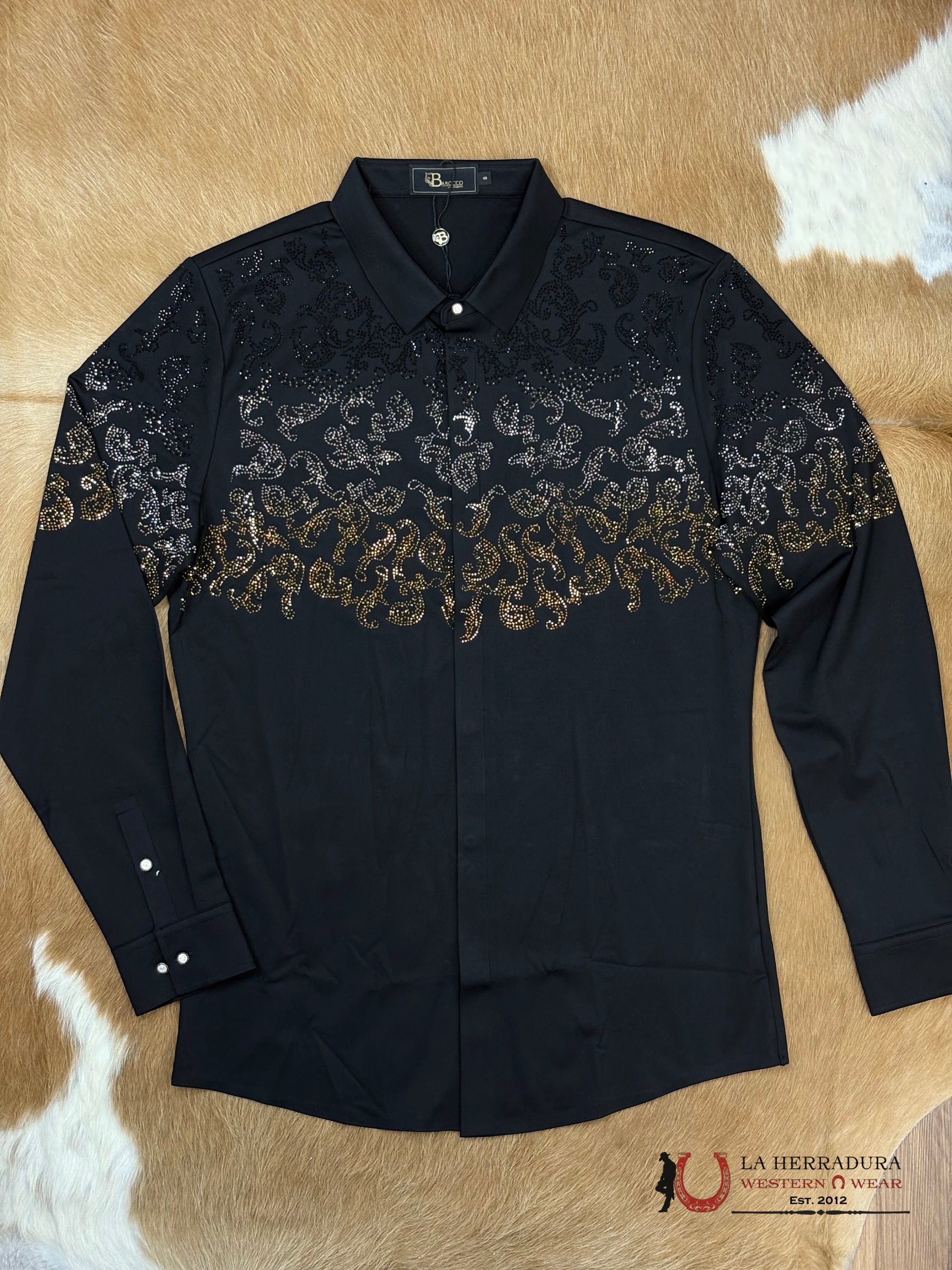 MENS BAROCCO NIGHTFALL CREST BUTTON UP LONGSLEEVE BLACK/GUN SILVER/GOLD SHIRT ROPA HOMBRES