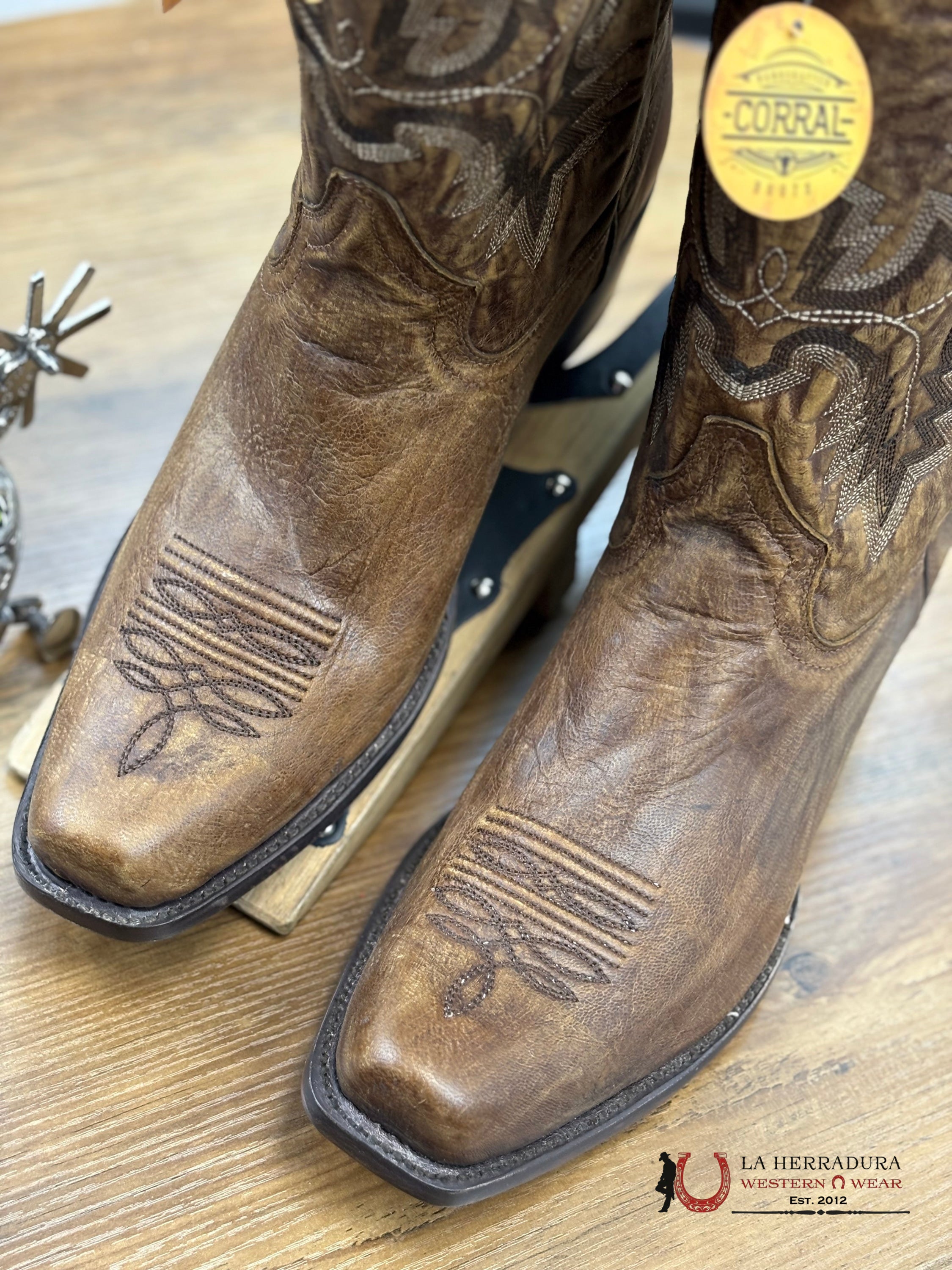 Corral Mens Brown Embroidery Narrow Sq Toe Botas Hombres