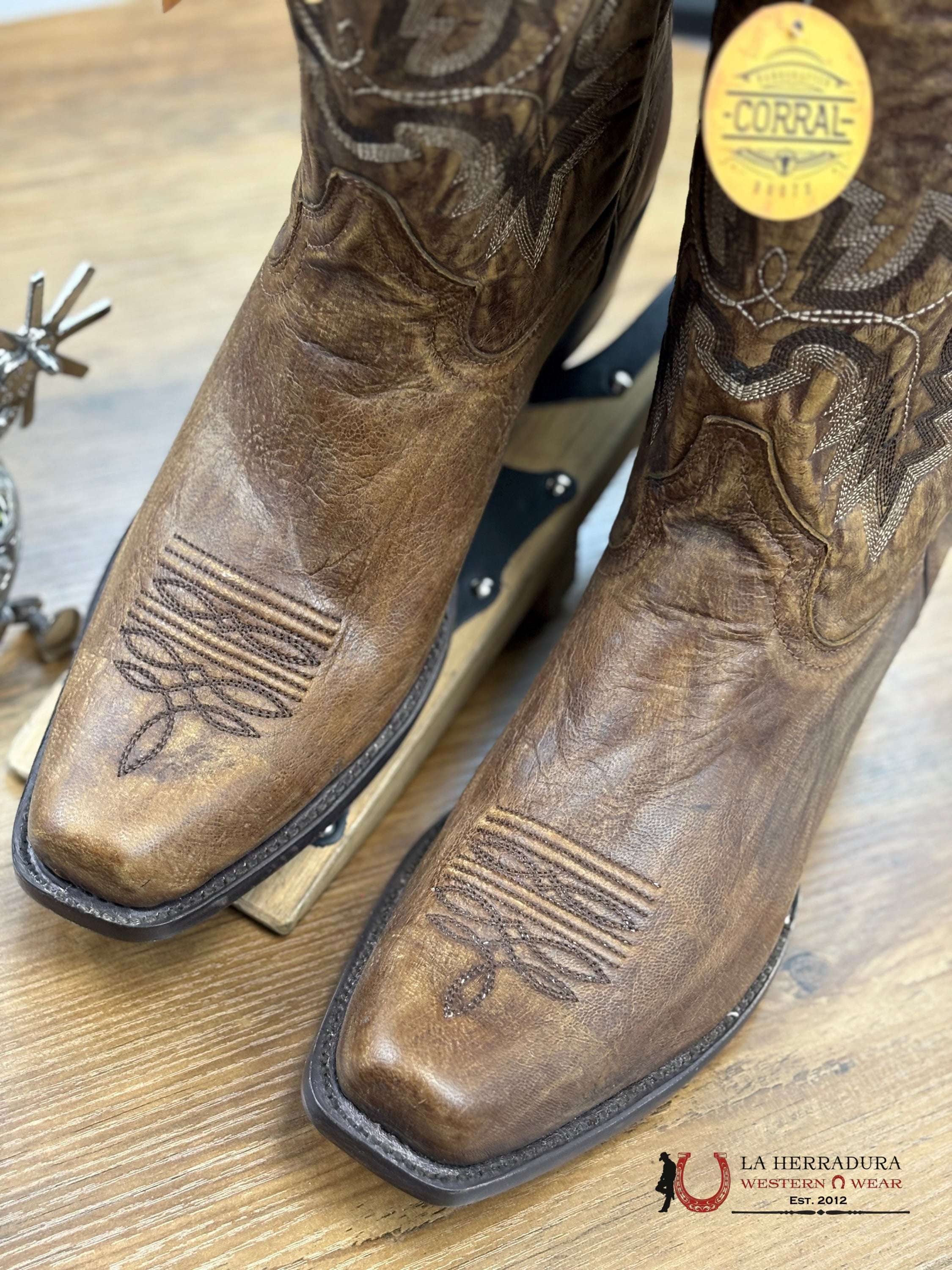 Corral Mens Brown Embroidery Narrow Sq Toe Botas Hombres
