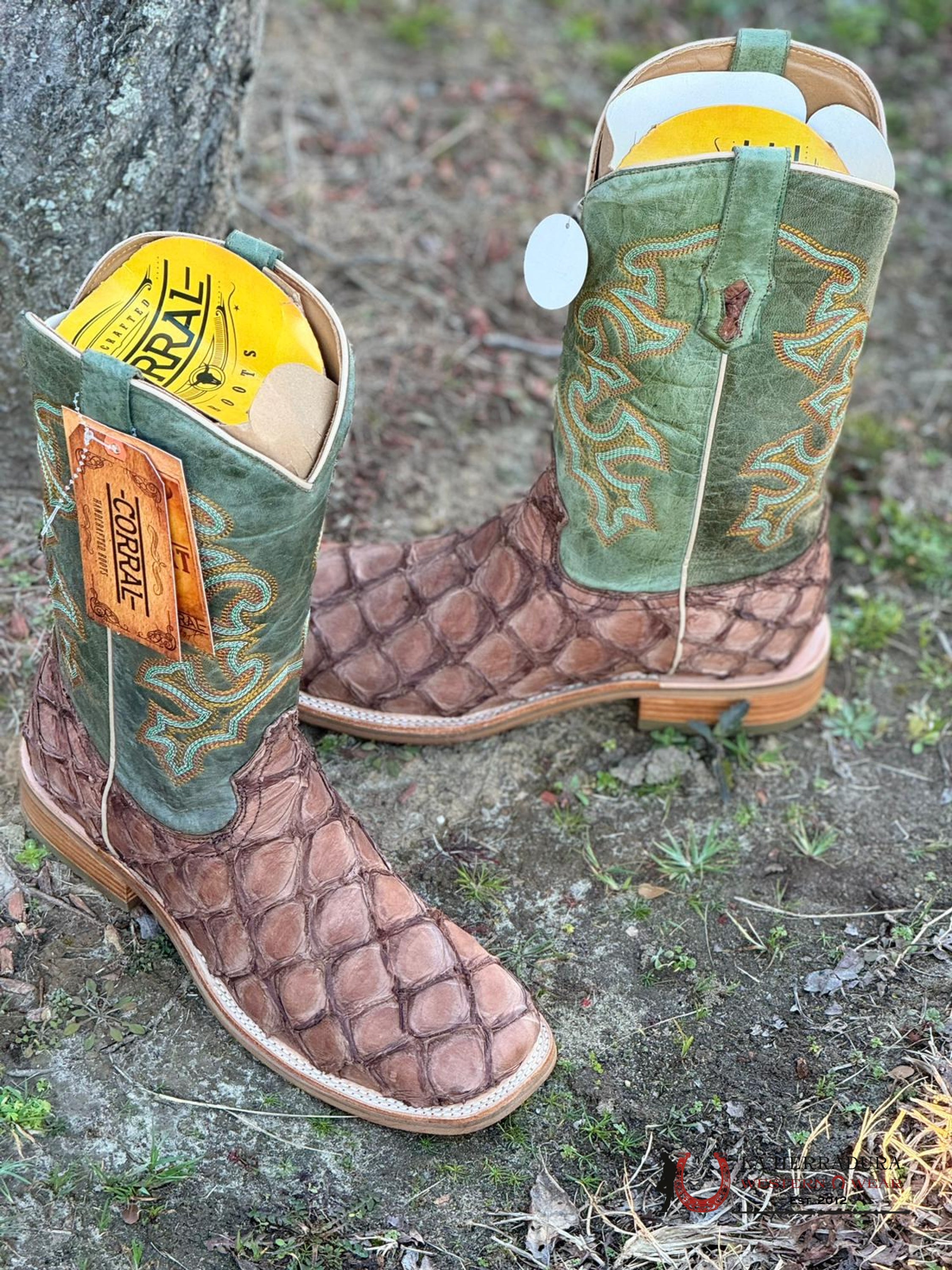 Mens Corral Brown / Turquoise Green Top Fish Embroidery Botas Hombres