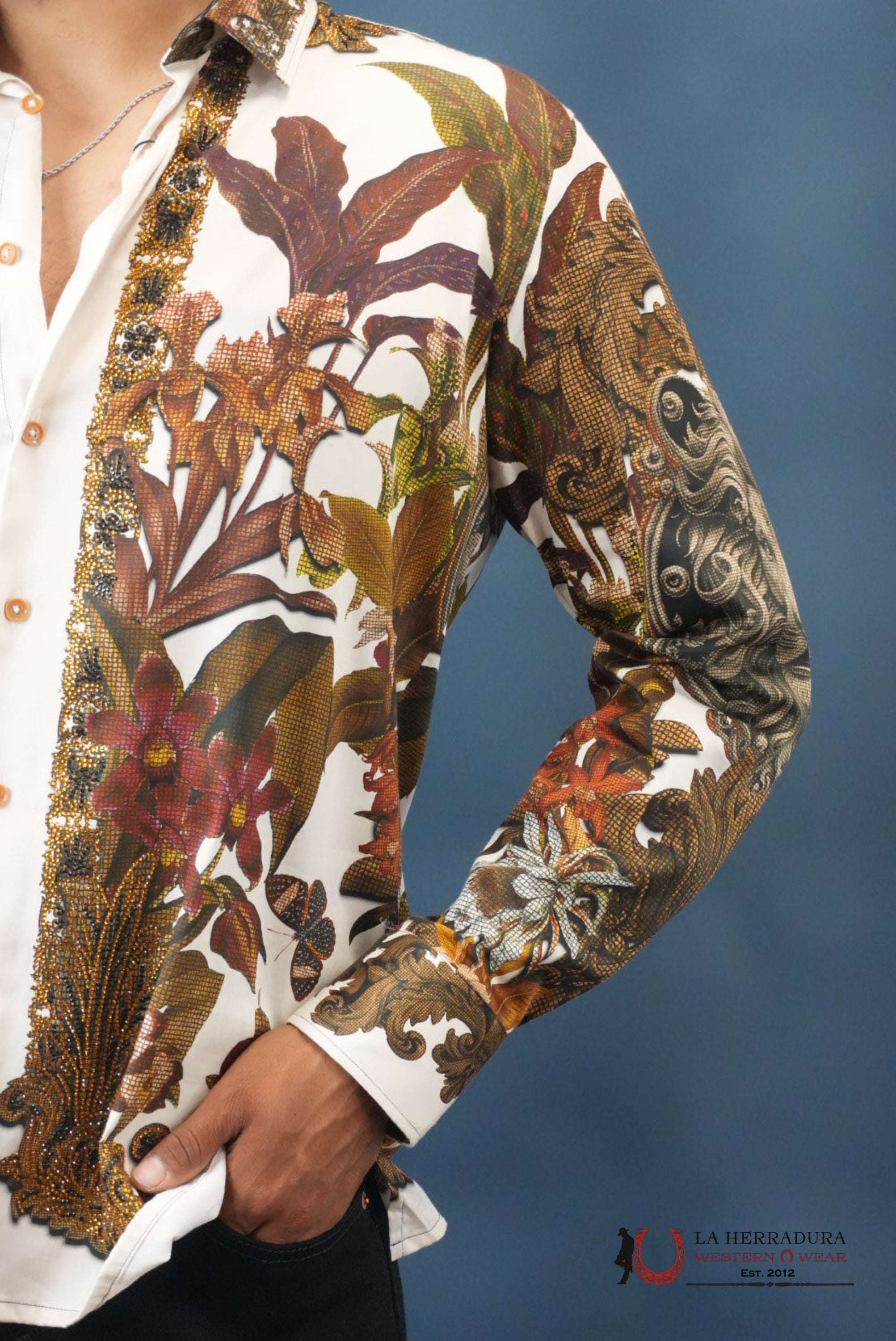 MENS PEDRERIA WHITE FLORAL LEON LONG SLEEVE SHIRT PR428 ROPA HOMBRES