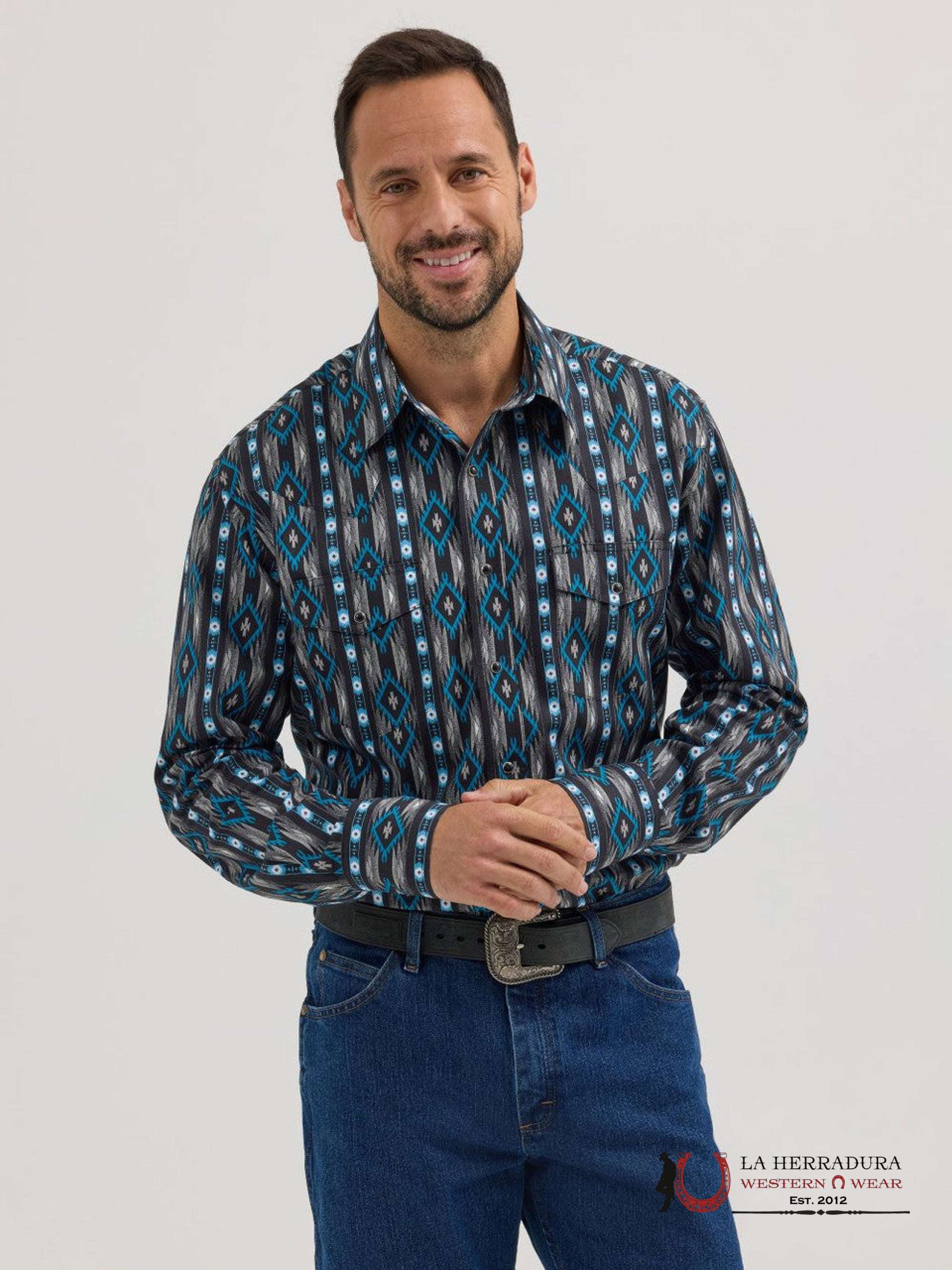 MEN’S WRANGLER AZTEC PRINT LONG SLEEVE SHIRT BLACK/BLUE 5377 ROPA HOMBRES