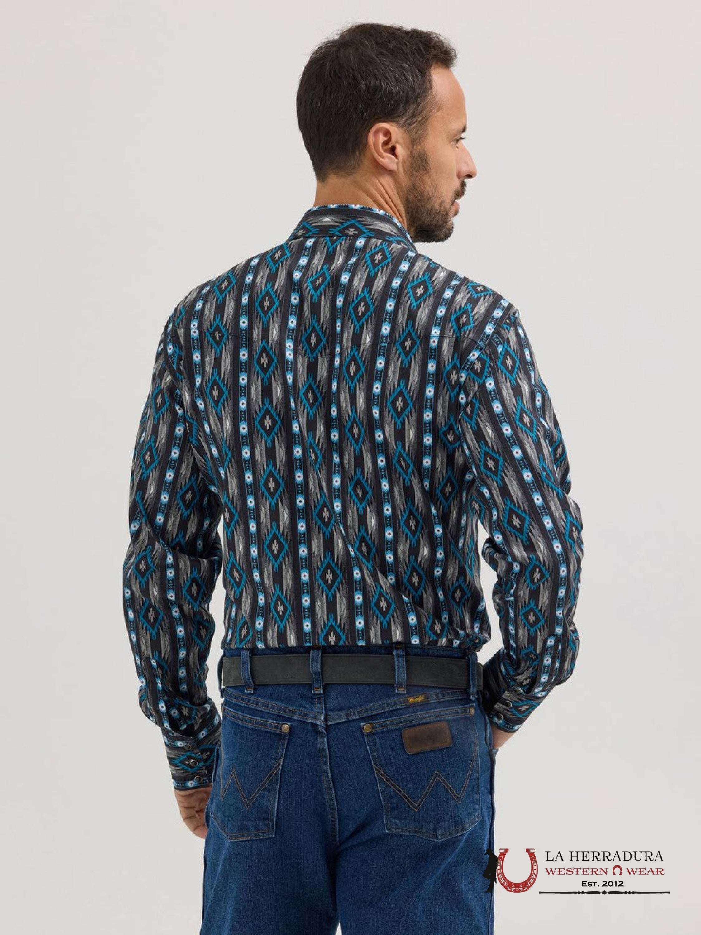 MEN’S WRANGLER AZTEC PRINT LONG SLEEVE SHIRT BLACK/BLUE 5377 ROPA HOMBRES