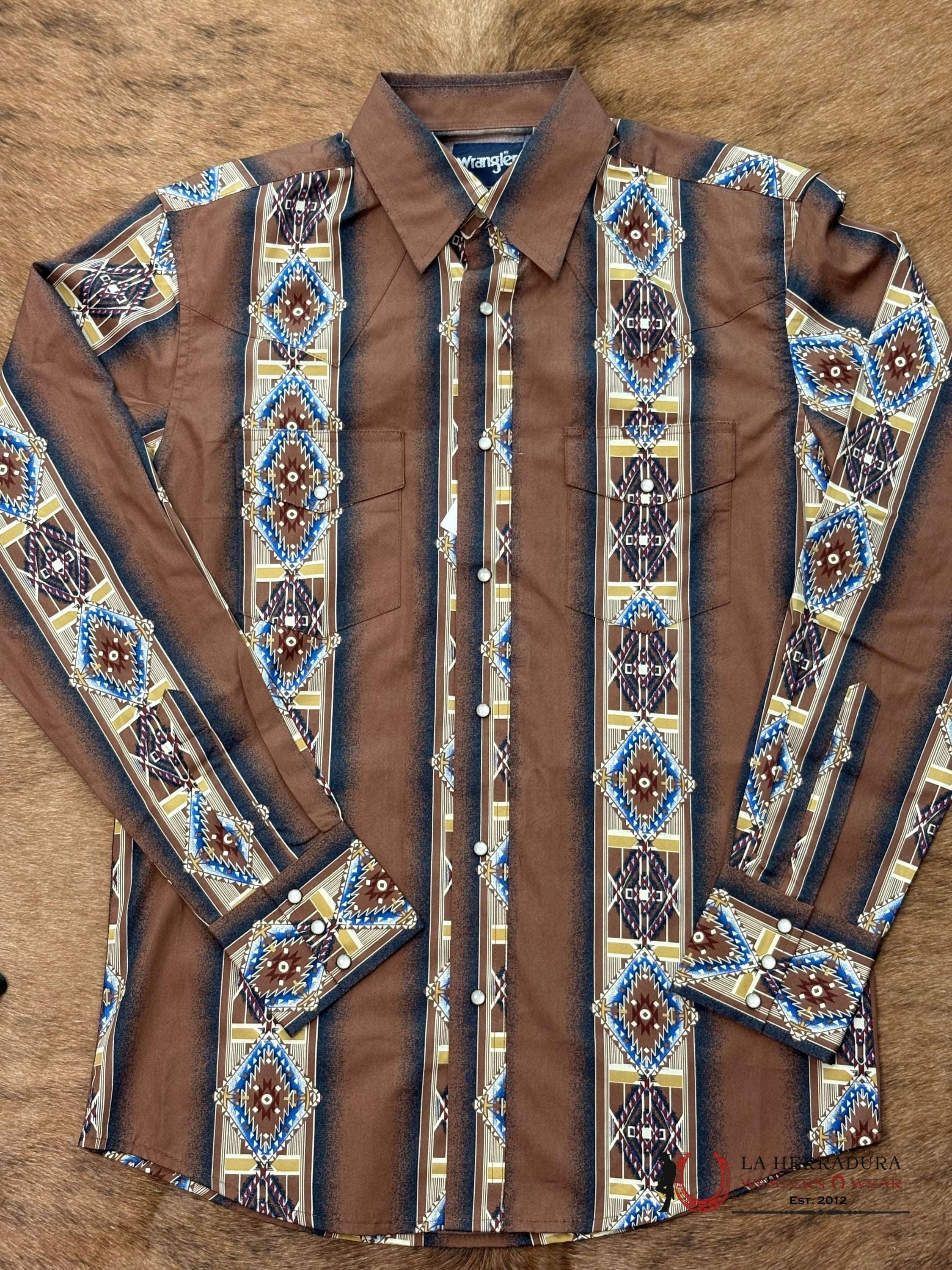 MEN’S WRANGLER CHECOTAH BROWN AZTEC PRINT LONG SLEEVE SHIRT - 112367724 ROPA HOMBRES