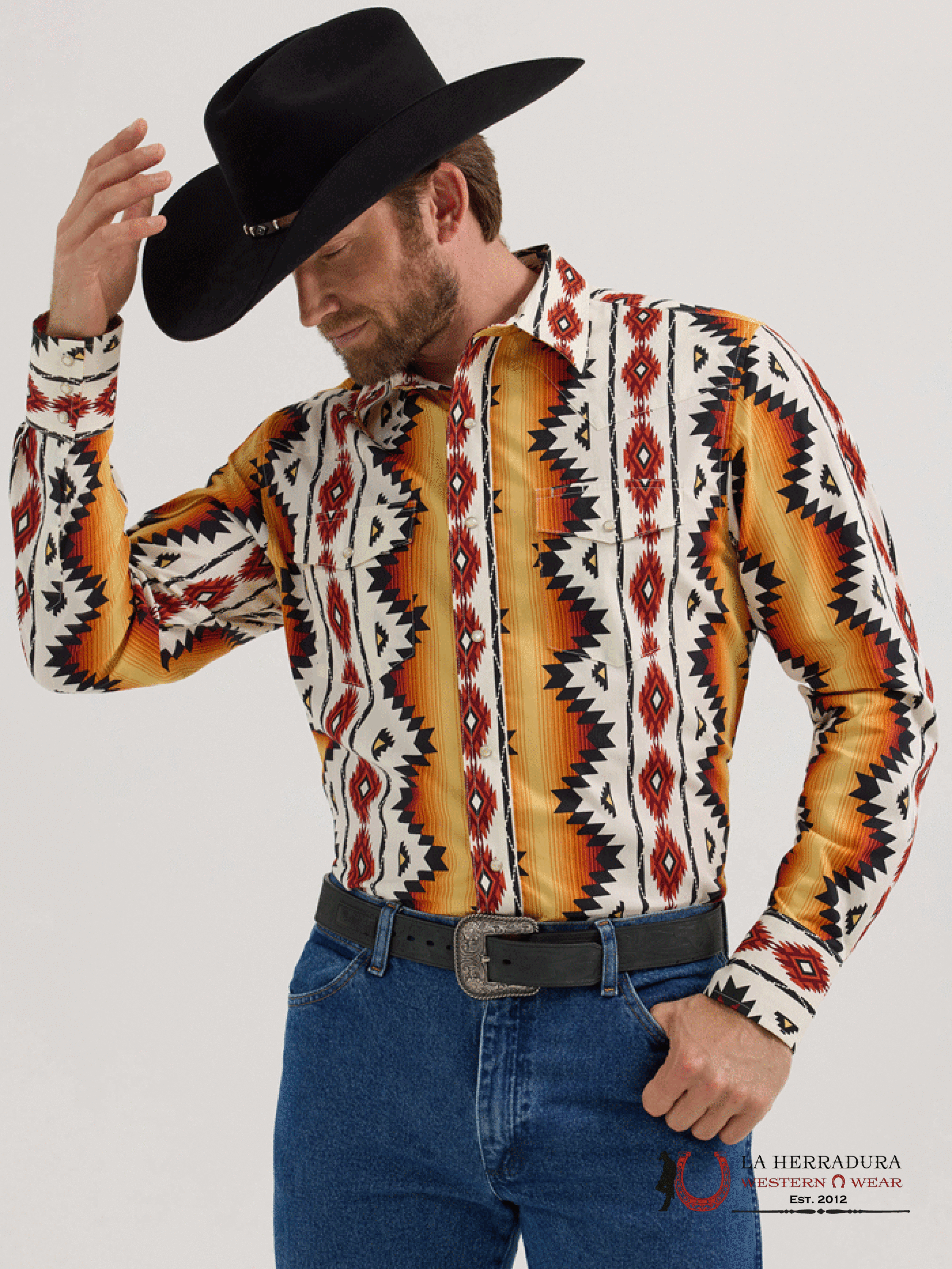 MEN’S WRANGLER CHECOTAH YELLOW AZTEC PRINT LONG SLEEVE SHIRT - 5378 ROPA HOMBRES