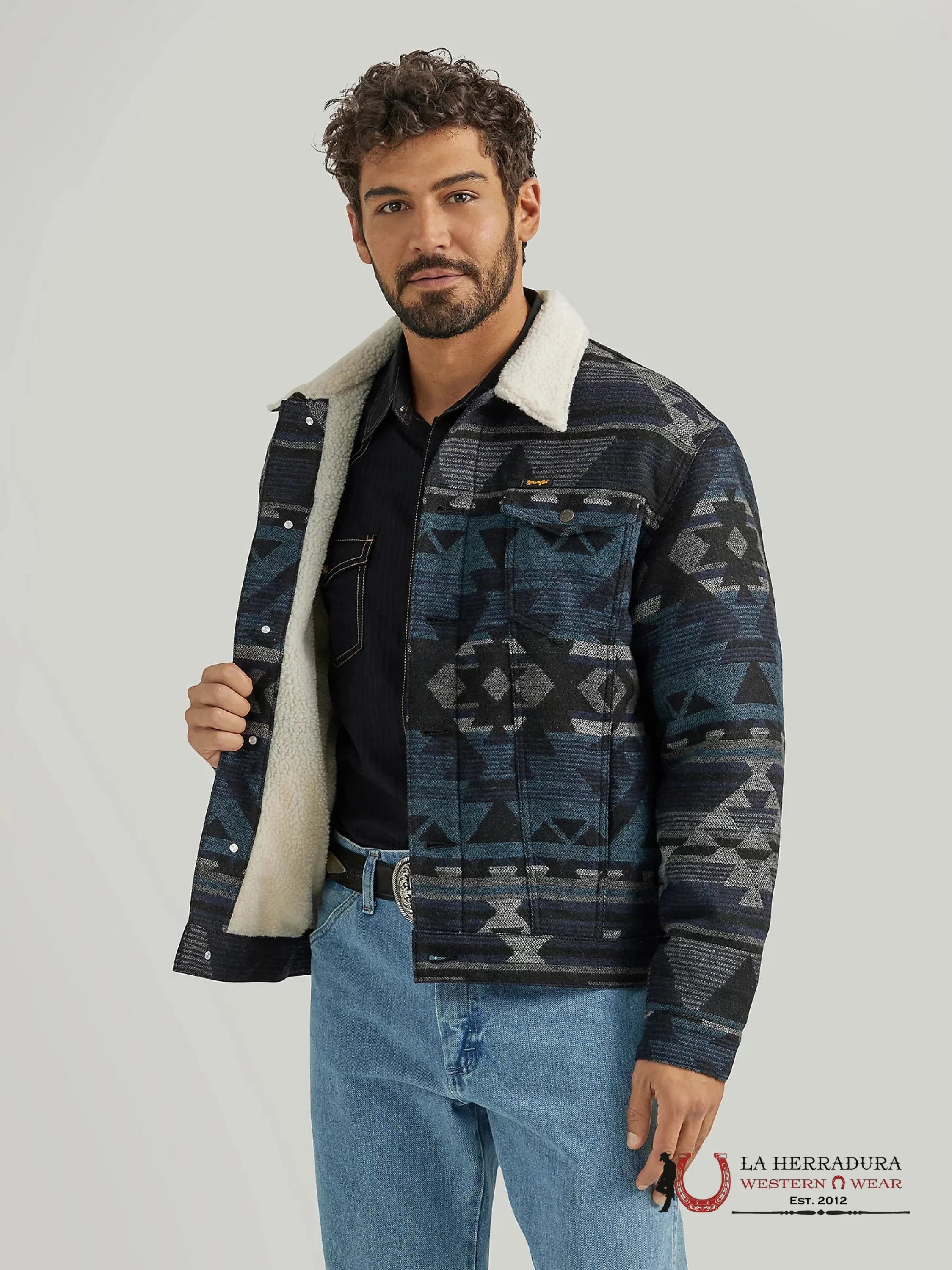 Men’s Wrangler Sherpa Lined Jacquard Print Jacket In Navy Waters Ropa Hombres