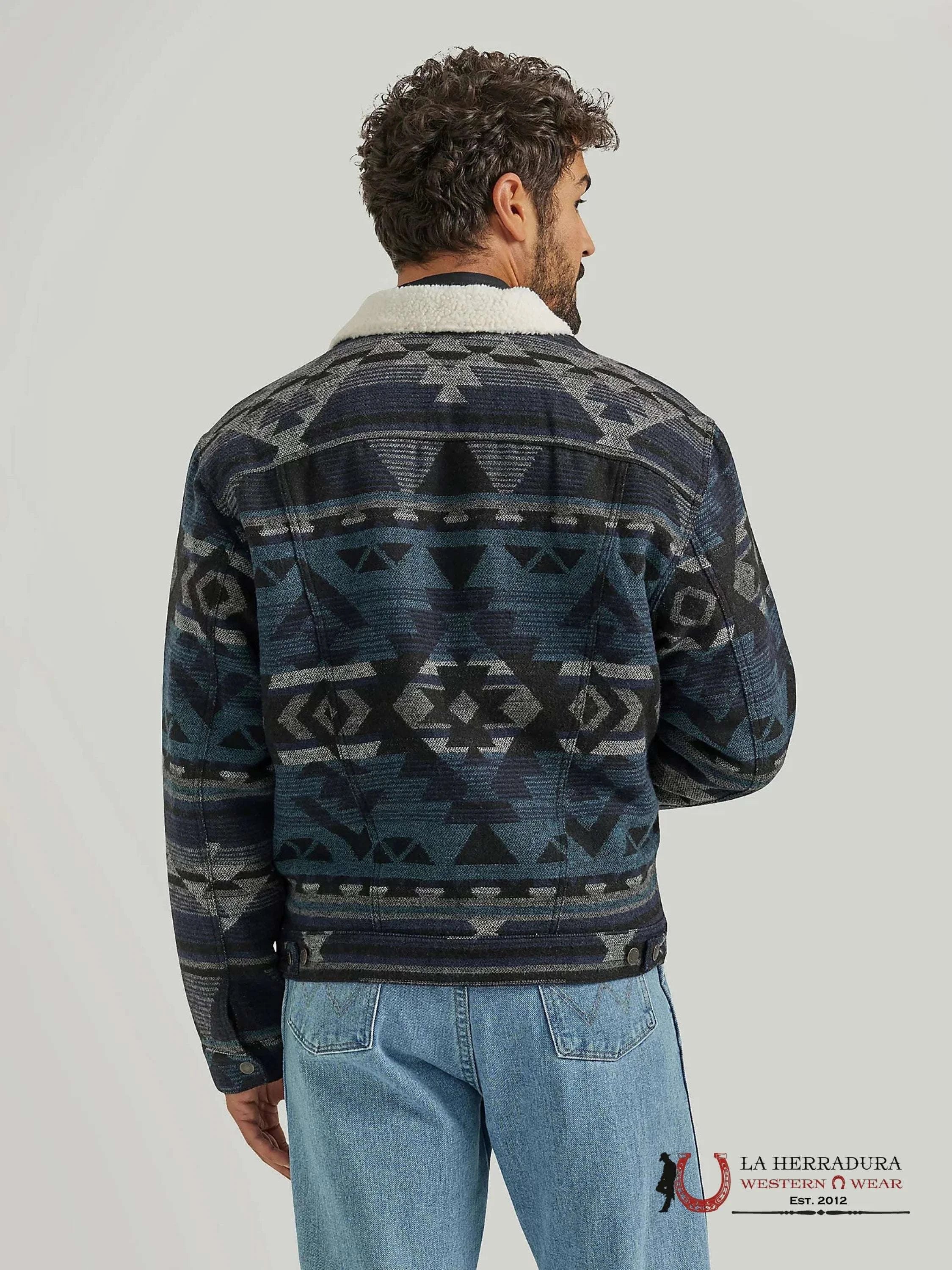 Men’s Wrangler Sherpa Lined Jacquard Print Jacket In Navy Waters Ropa Hombres