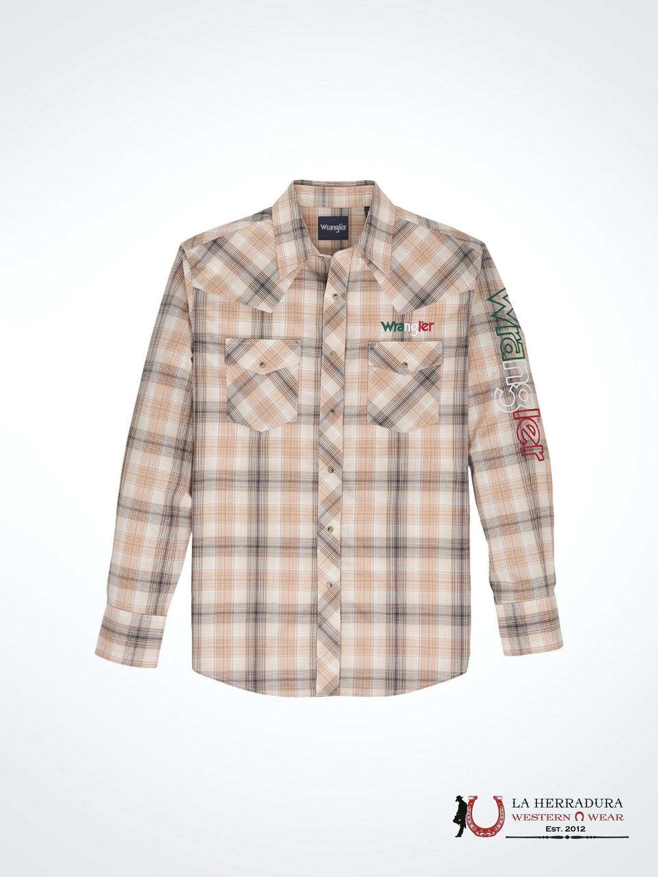 MENS WRANGLER SHIRT CLASSIC FIT BROWN MEXICO LOGO 2381 ROPA HOMBRES