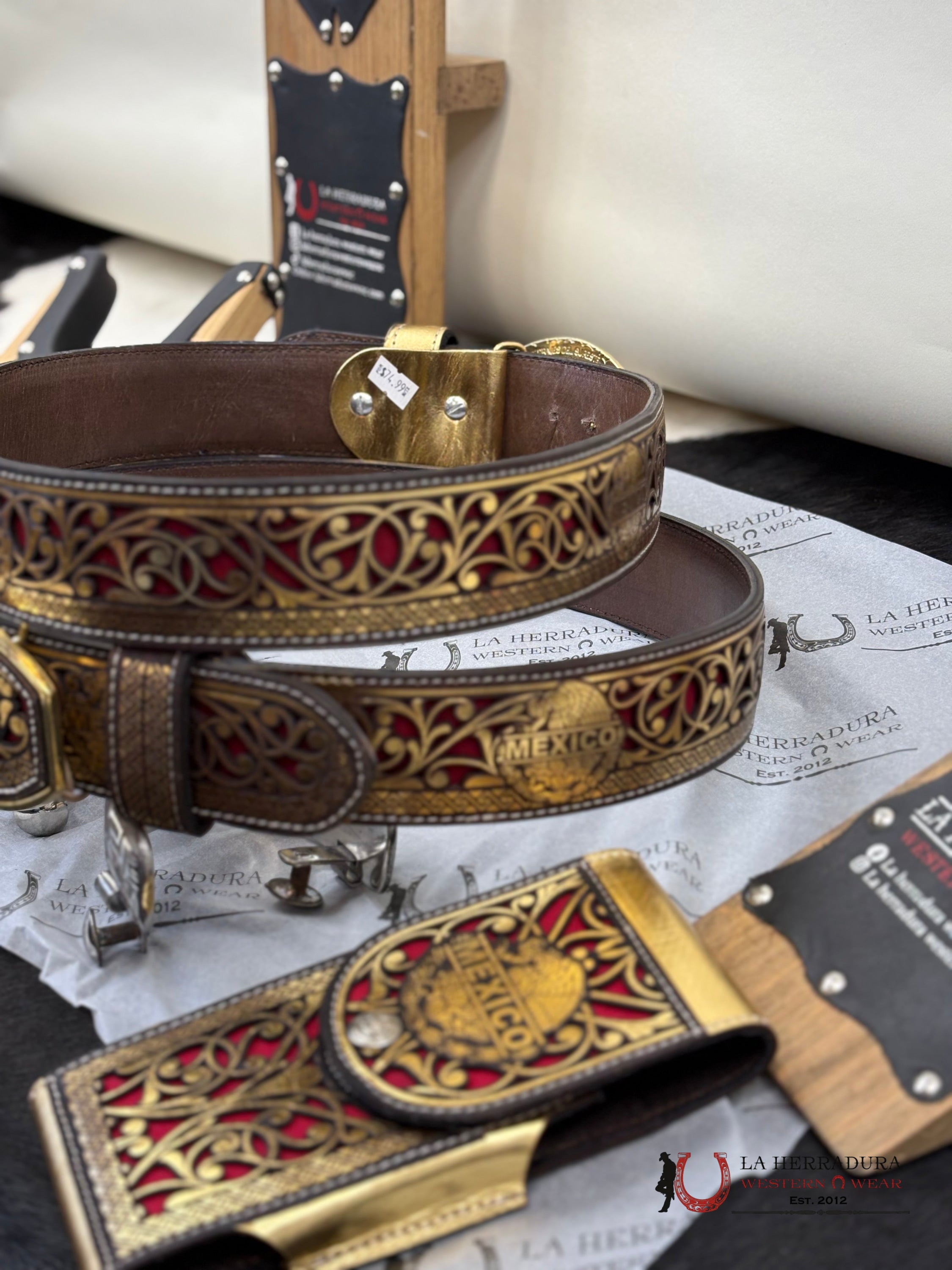 Mexico 2 Inc Belt Gold With Red Cinturones Hombres