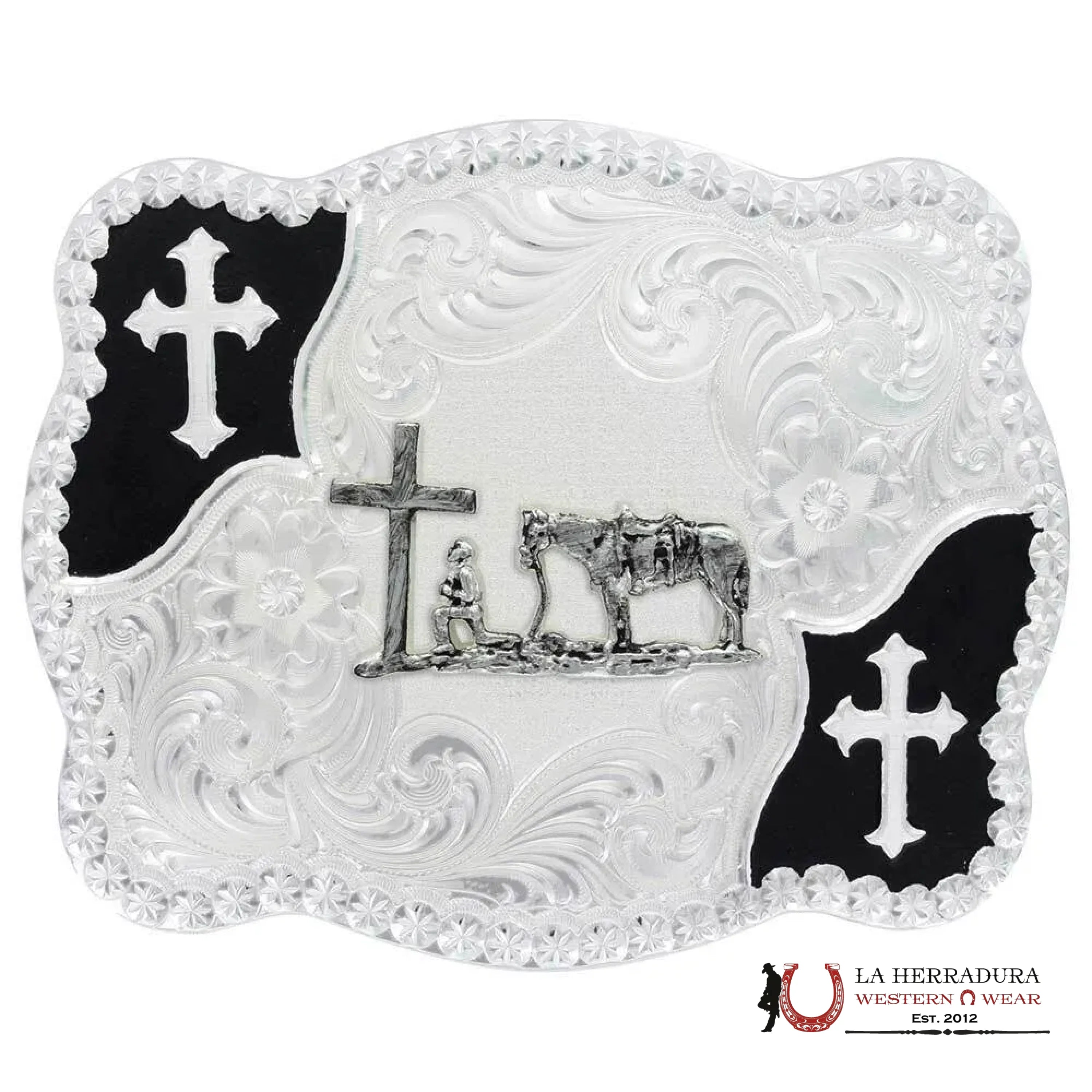 MONTANA SILVERSMITH CHRISTIAN FLOURISH SCALLOP SHAPE BELT BUCKLE WITH CHRISTIAN COWBOY ACCESORIOS