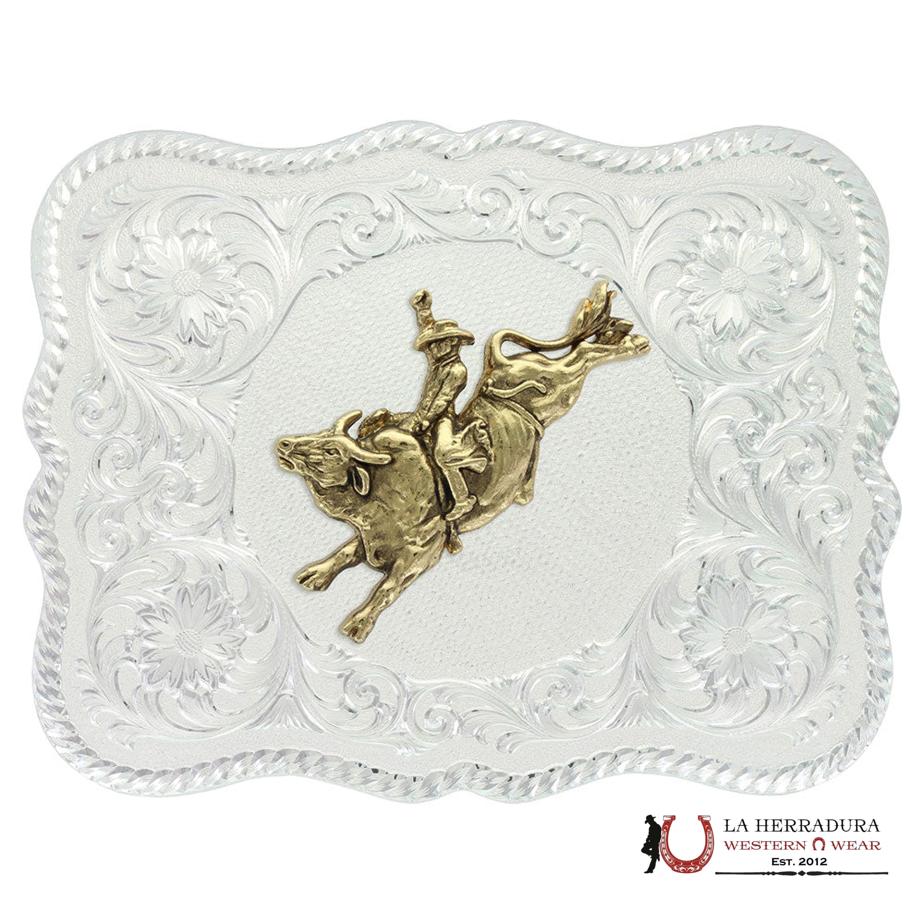 MONTANA SILVERSMITH SCALLOPED SILVER WESTERN BELT BUCKLE WITH BULL RIDER ACCESORIOS