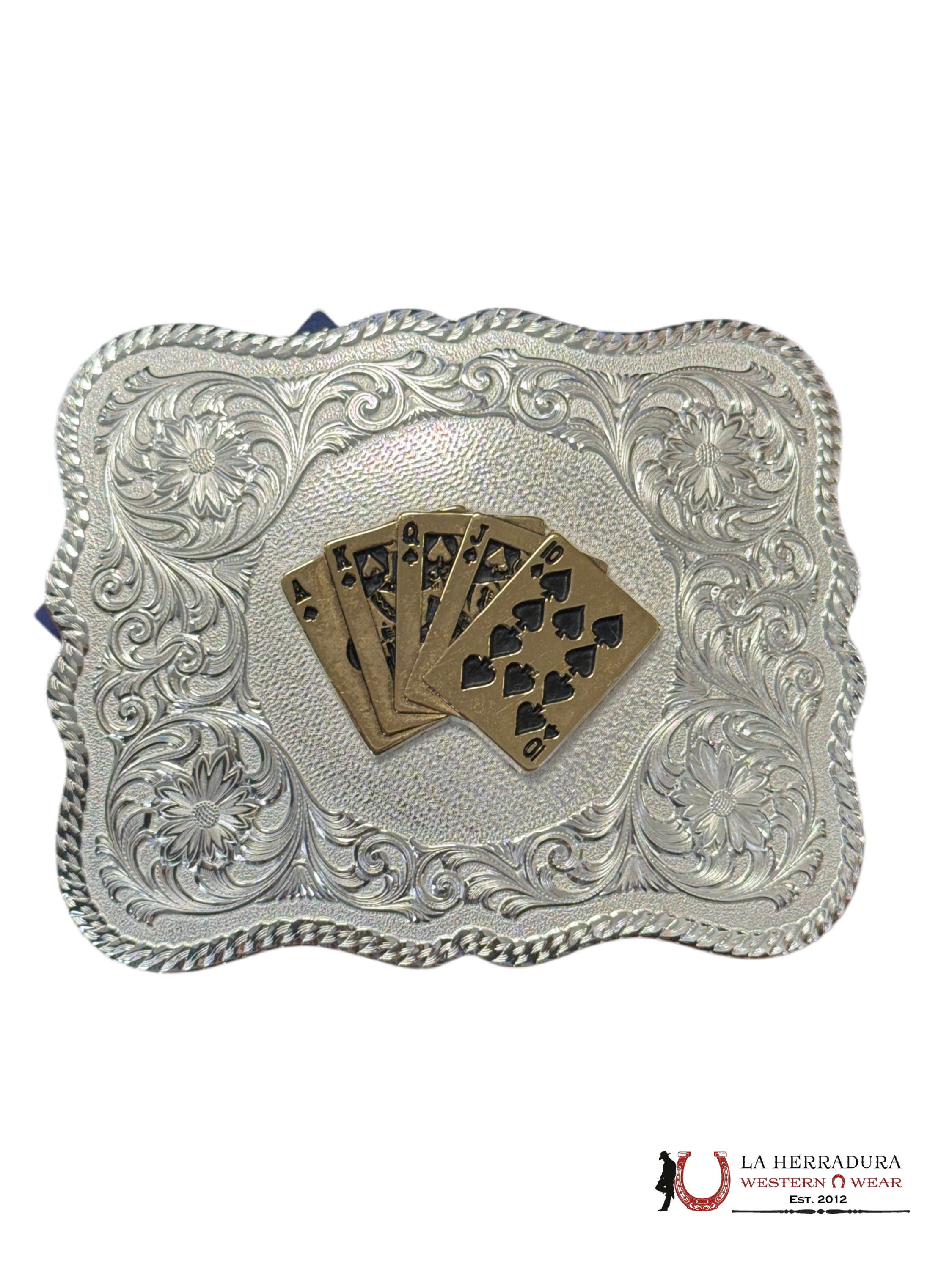 MONTANA SILVERSMITH SCALLOPED SILVER WESTERN BELT BUCKLE WITH VINTAGE CARDS ACCESORIOS