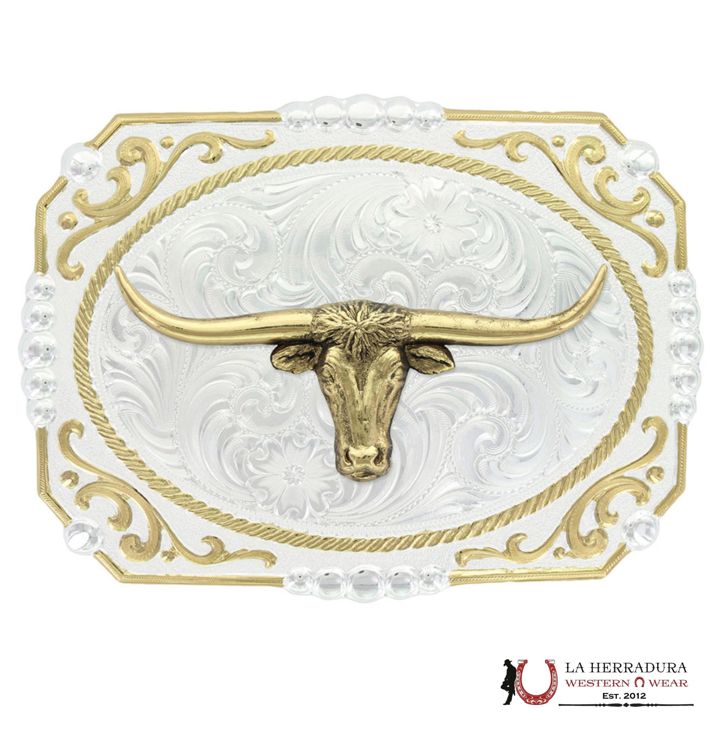 MONTANA SILVERSMITH TWO TONE COWBOY CAMEO BUCKLE WITH LONGHORN ACCESORIOS