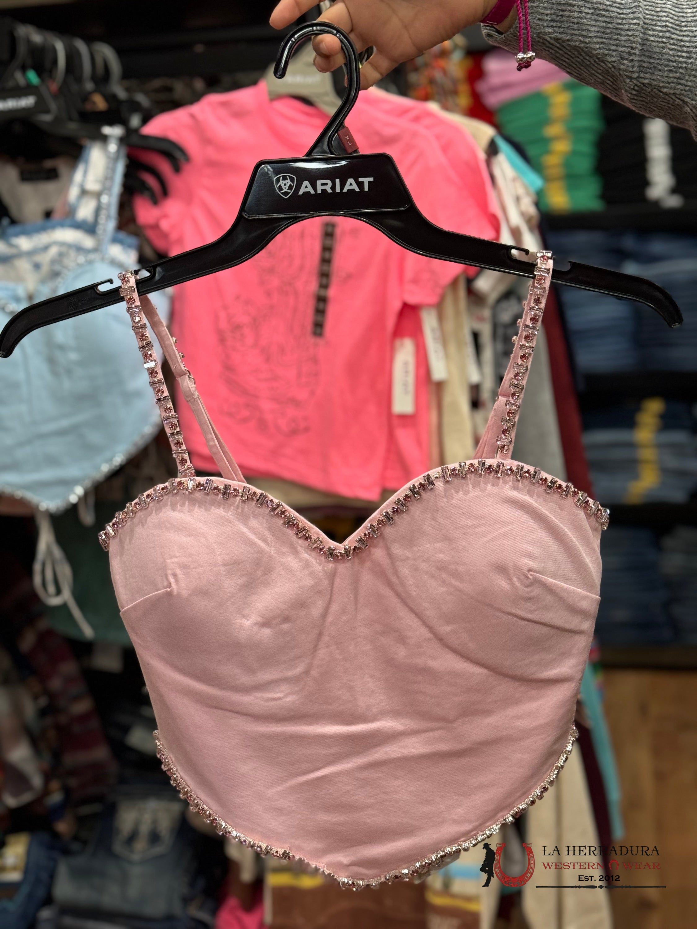 Muy Pink Rhinestone Boarder Strap Top Ropa Mujeres