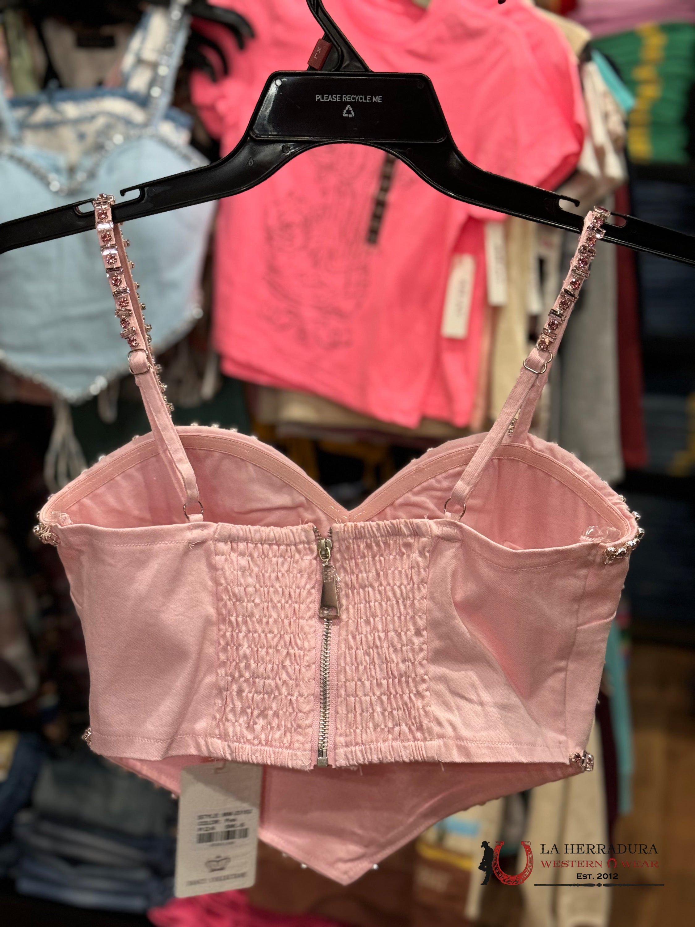 Muy Pink Rhinestone Boarder Strap Top Ropa Mujeres